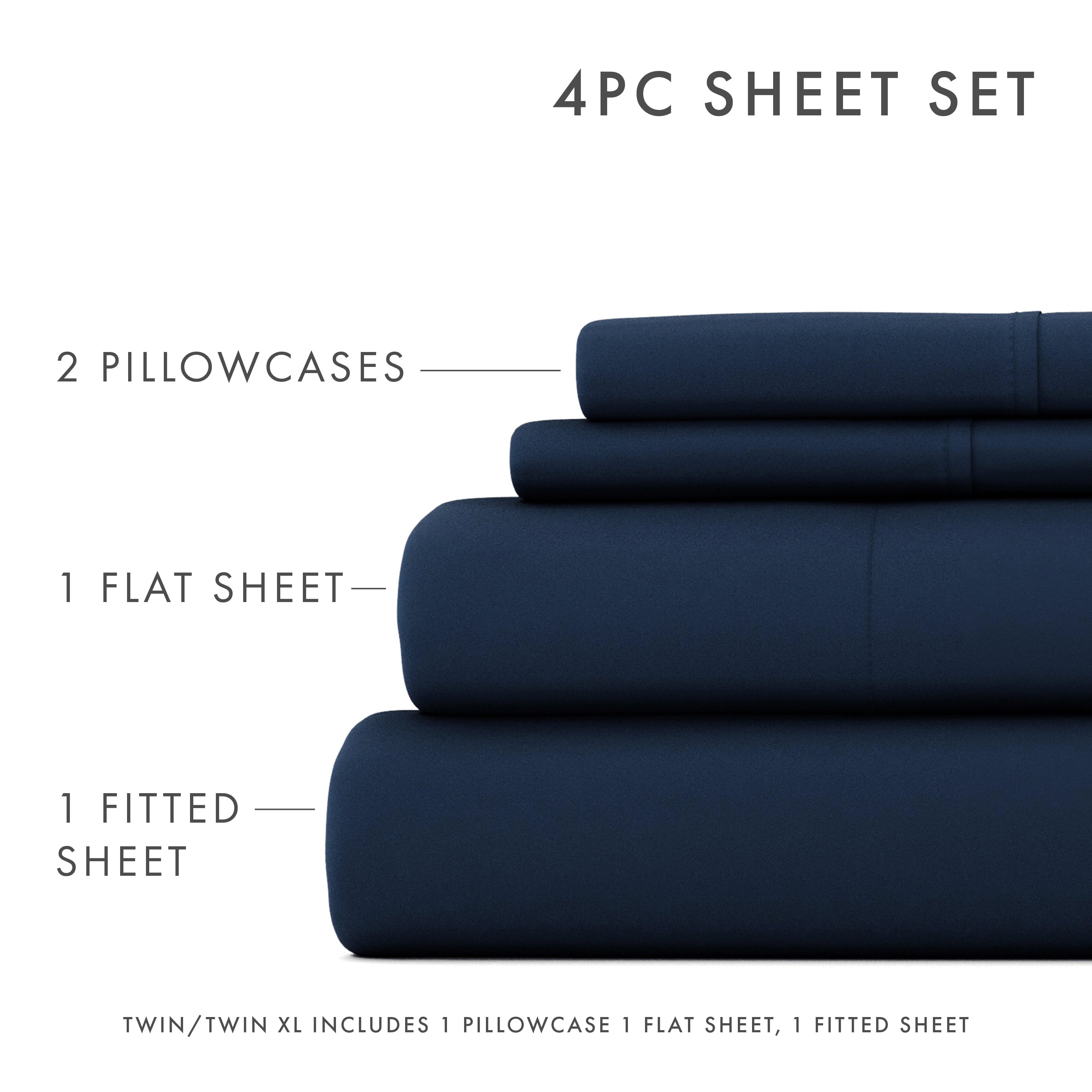 Cooling Sateen 4 Piece Solid Microfiber Bed Sheet Set, Navy, Queen - Luxury Bed Sheet Set with Deep Pockets Detail