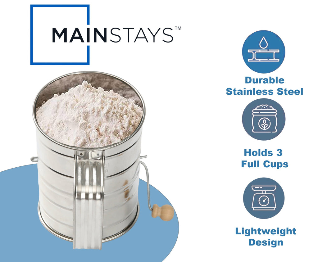 Time-Saving Stainless Steel 3 Cup Flour Hand-Crank Sifter with Beechwood Handle Silver - Premium Stainless Steel Garlic Presser & Peeler Detail