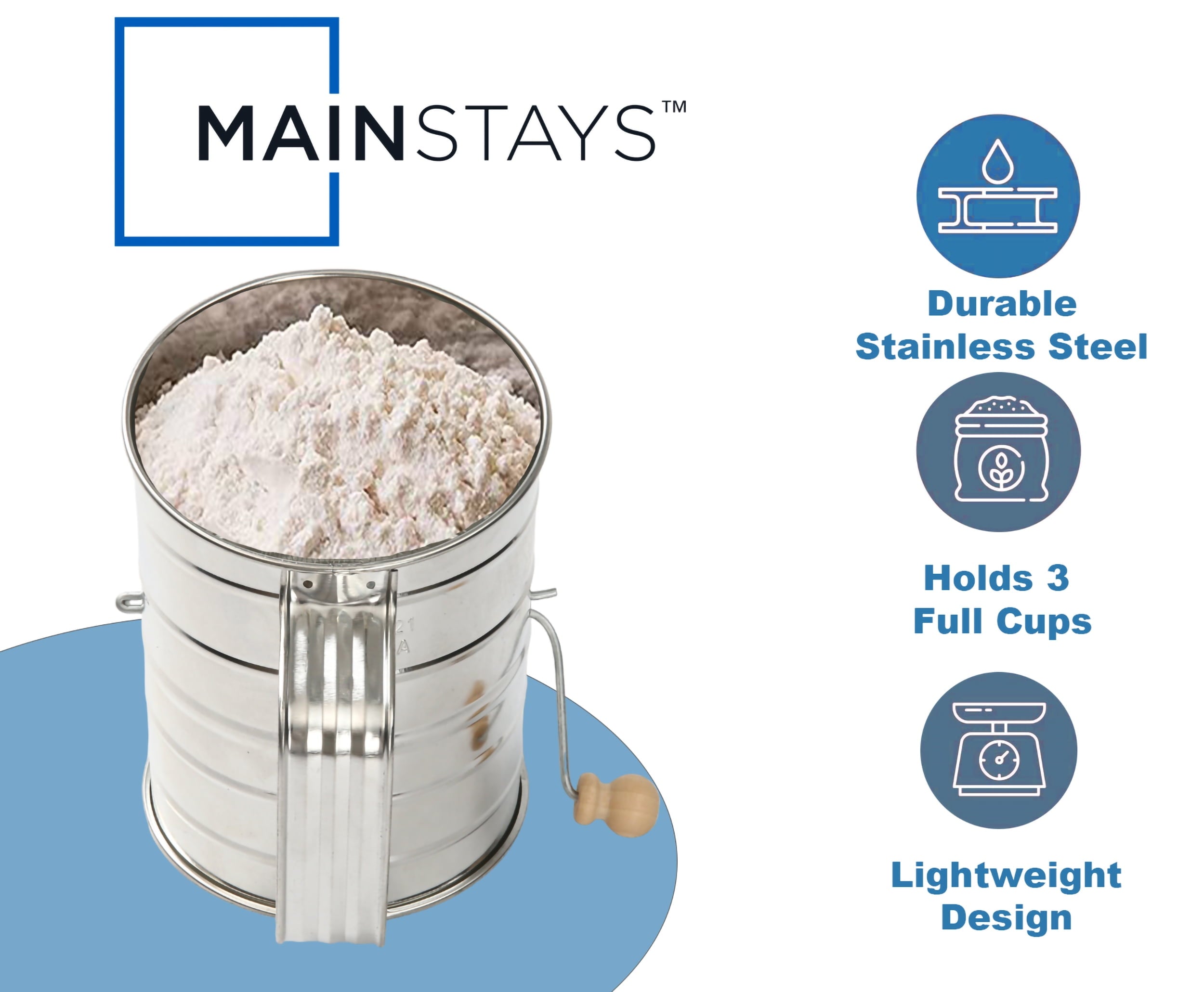 Time-Saving Stainless Steel 3 Cup Flour Hand-Crank Sifter with Beechwood Handle Silver - Premium Stainless Steel Garlic Presser & Peeler Detail