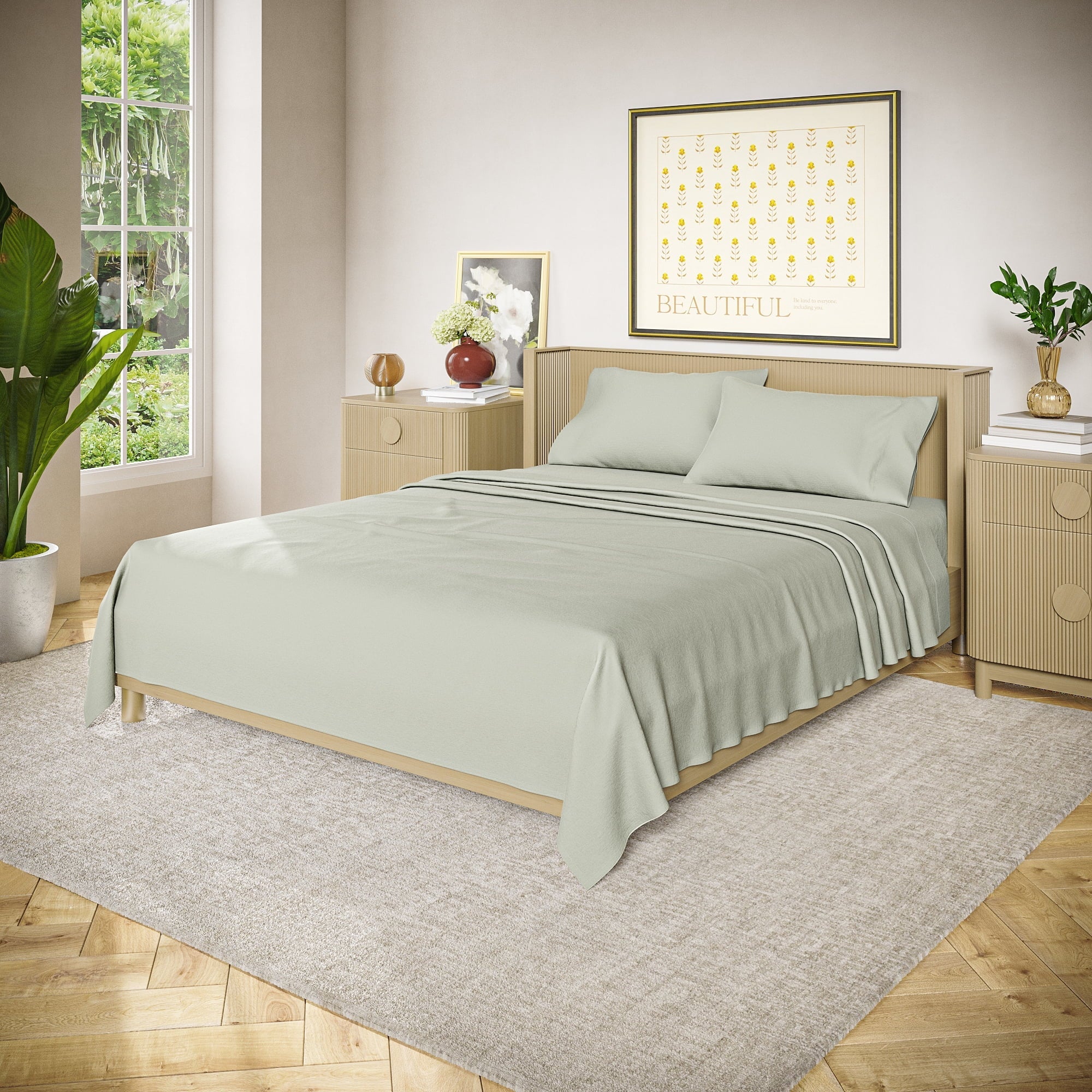 Breathable Luxury Solid 4-Piece 100% Cotton Washed Percale Sage Green Sheet Set, Full - Cooling Hotel Quality Bedding Sheets and Pillowcases Detail