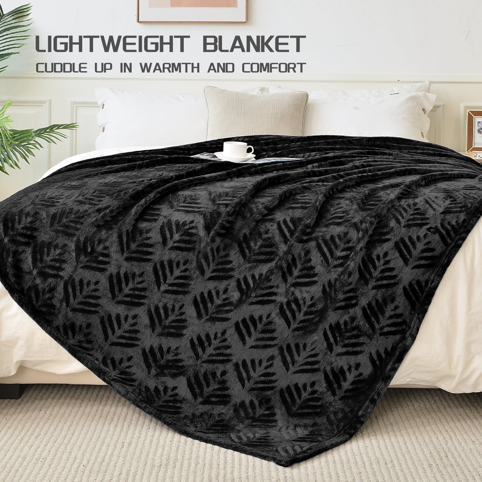 Cozy Fleece Fleece Throw Blanket for Couch, Leaves Pattern Super Soft and Cozy Blankets, Plush Fuzzy Lightweight, Black, 50"x60" - Lightweight Plush Warm Blanket for All Seasons Detail