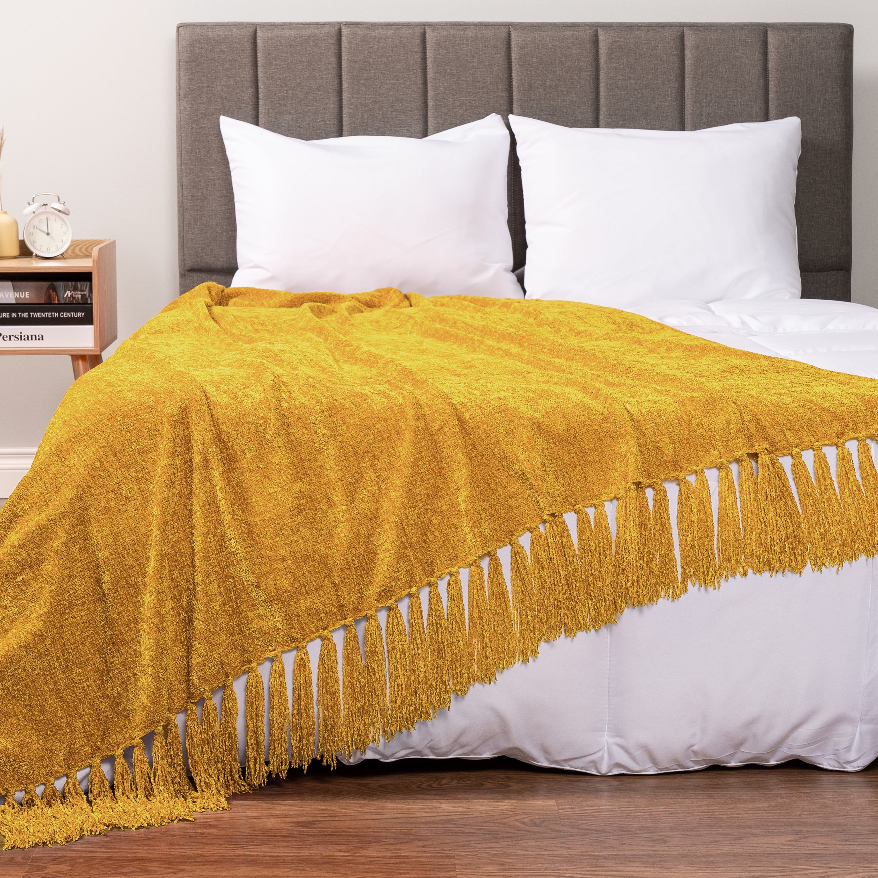 Decorative Knitted Mustard Yellow Chenille Throw Blanket for Couch, Soft Gold Knit Blanket with Tassel Fringe, Woven Chenille Knitted De... - Lightweight Plush Warm Blanket for All Seasons Detail