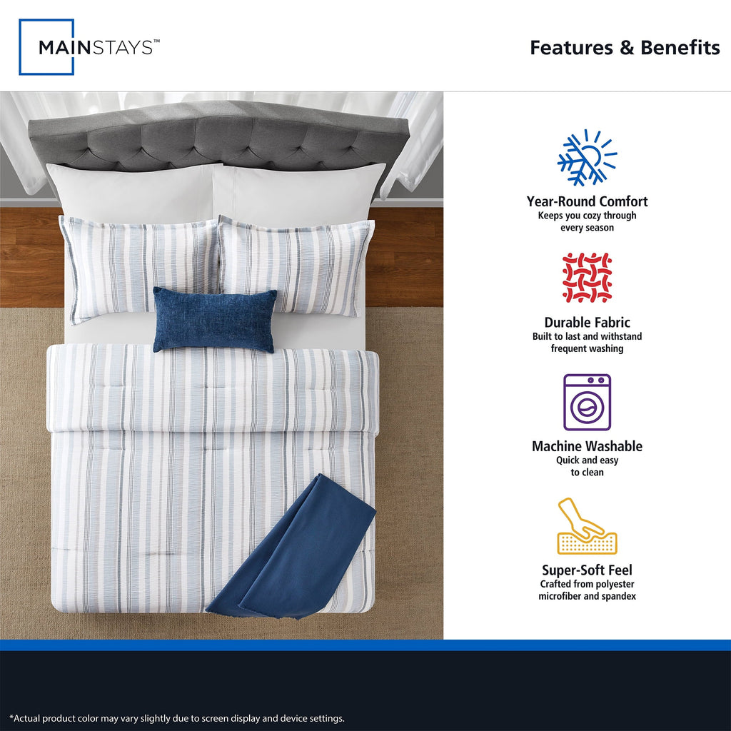 Fluffy Down Alternative Full/Queen Comforter Set, All-Season, 5-Piece, Blue Yarn Dyed Stripe - All-Season Down Alternative Comforter Insert Detail
