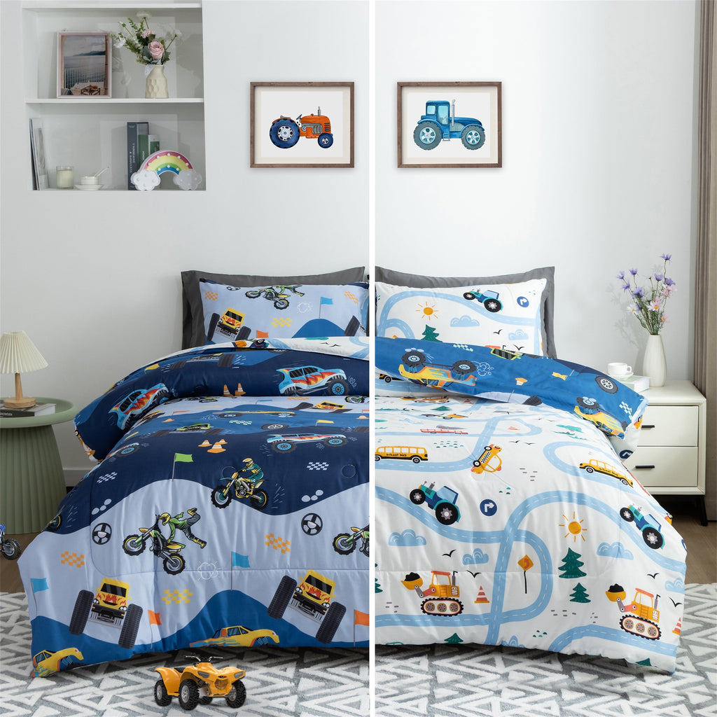 Hypoallergenic Cloud 3Pcs Reversible Construction Truck Twin Comforter Set for Boys Kids Excavator Vehicle Motorcycle Bedding Set Blue - All-Season Down Alternative Comforter Insert Detail