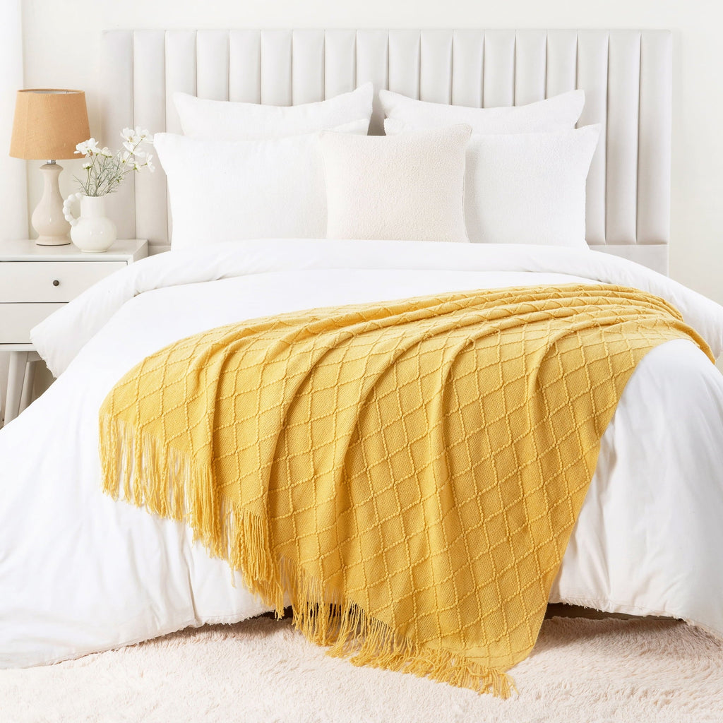 Lightweight Warm Mustard Throw Blanket for Couch,Gold Yellow Knit Throw with Fringe,Outdoor Throw ,50"x60" - Super Soft Reversible Sherpa Flannel Blanket Detail