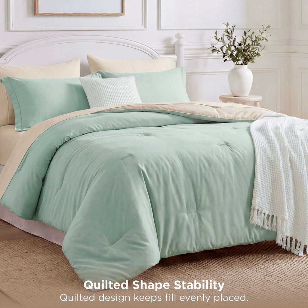 Luxurious Quilted Queen Comforter Set Sage Green, 7 Pieces Lightweight Queen Bedding Sets, Contrasting Design - All-Season Down Alternative Comforter Insert Detail