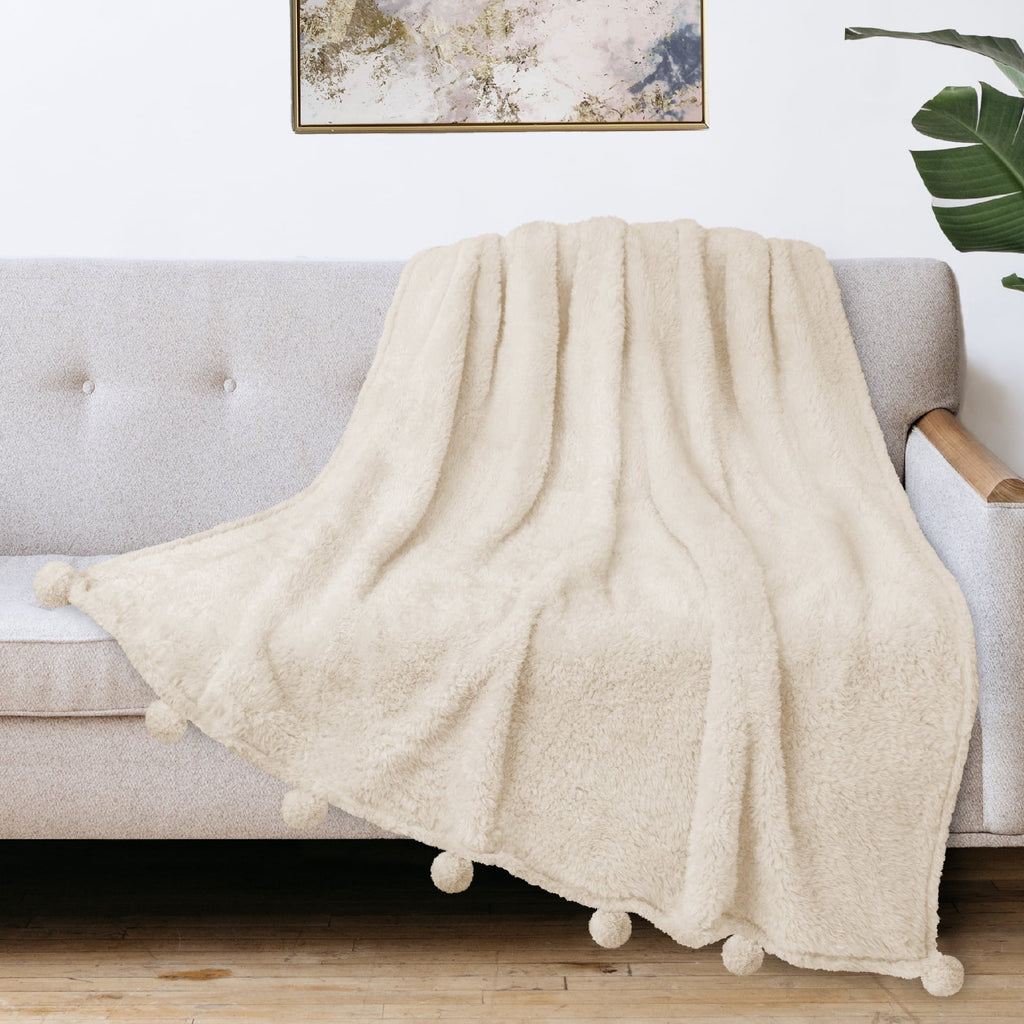 Super Soft Flannel Ivory Cream Sherpa Throw Blanket with Soft Pom Pom Fringe, Plush Cozy Warm Blankets for Couch Bed Sofa, Fuzzy Fleece ... - Luxury Knitted Decorative Throw Blanket with Fringes Detail