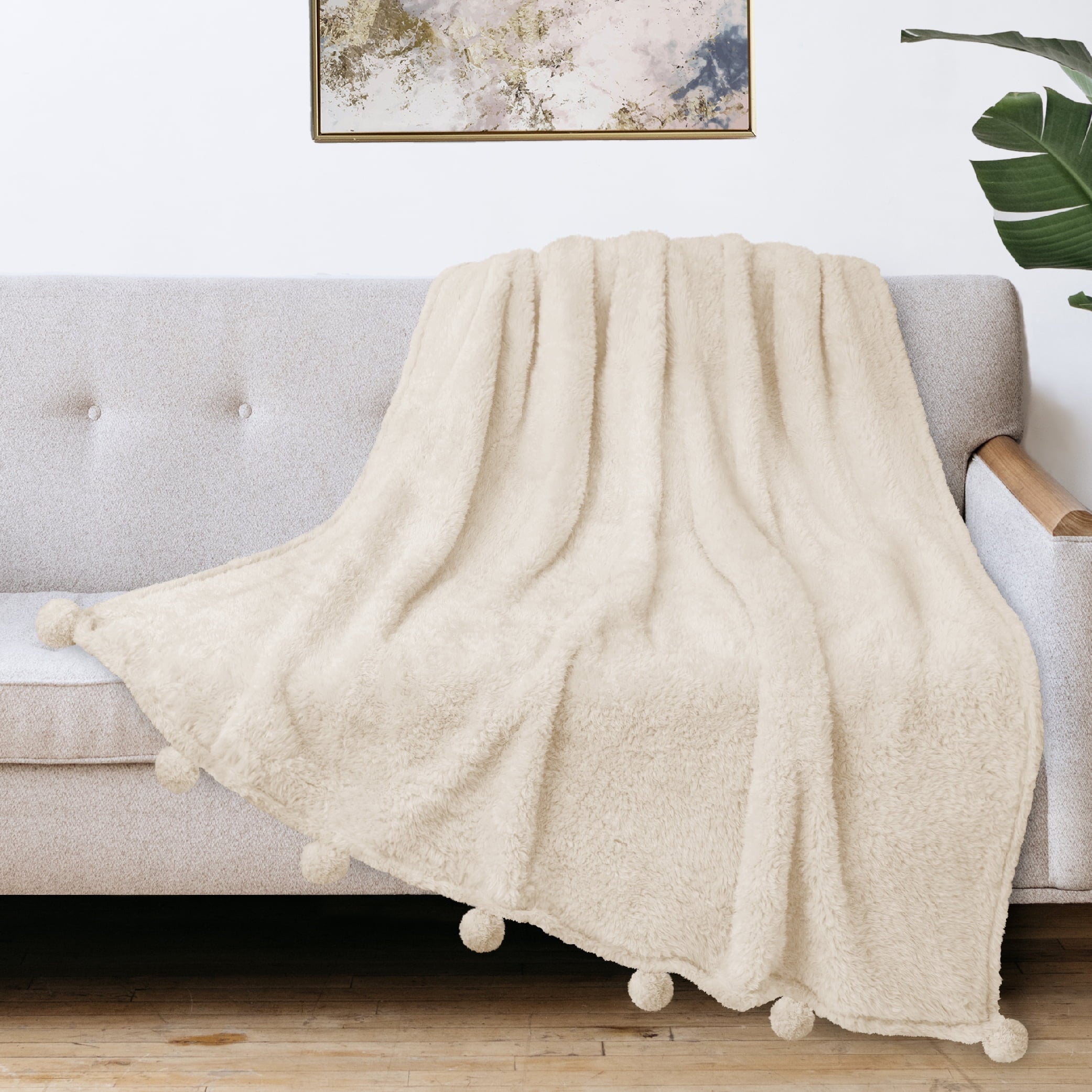 Super Soft Flannel Ivory Cream Sherpa Throw Blanket with Soft Pom Pom Fringe, Plush Cozy Warm Blankets for Couch Bed Sofa, Fuzzy Fleece ... - Luxury Knitted Decorative Throw Blanket with Fringes Detail