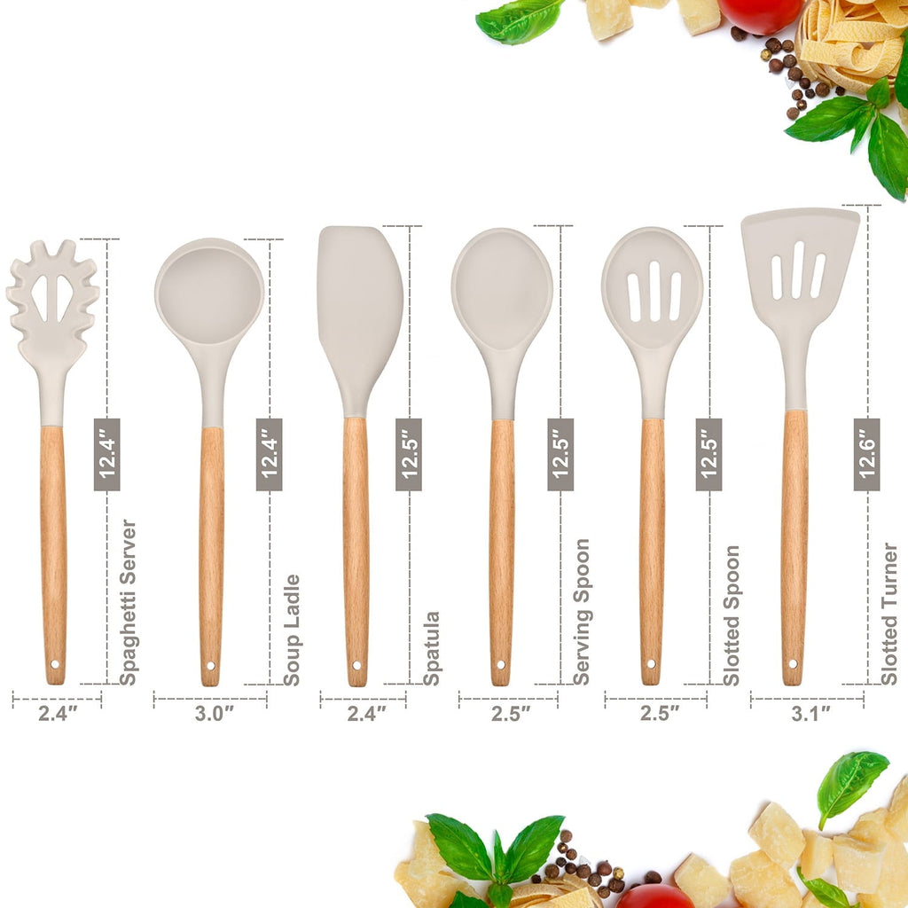 Ergonomic Cooking Kitchen Utensils Set of 6, Silicone Cooking Utensils with Wooden Handle, Non-Stick Cookware & Heat Resistant, Include... - Durable Turner & Ladle Utensil Set for Home Chefs Detail