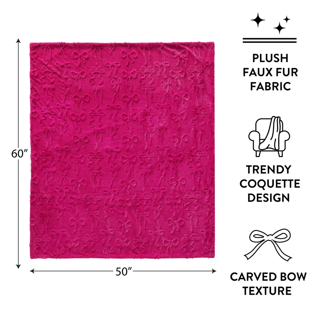Reversible Sherpa Gen Z 50" x 60"Carved Bow Faux Fur Throw - Super Soft Reversible Sherpa Flannel Blanket Detail