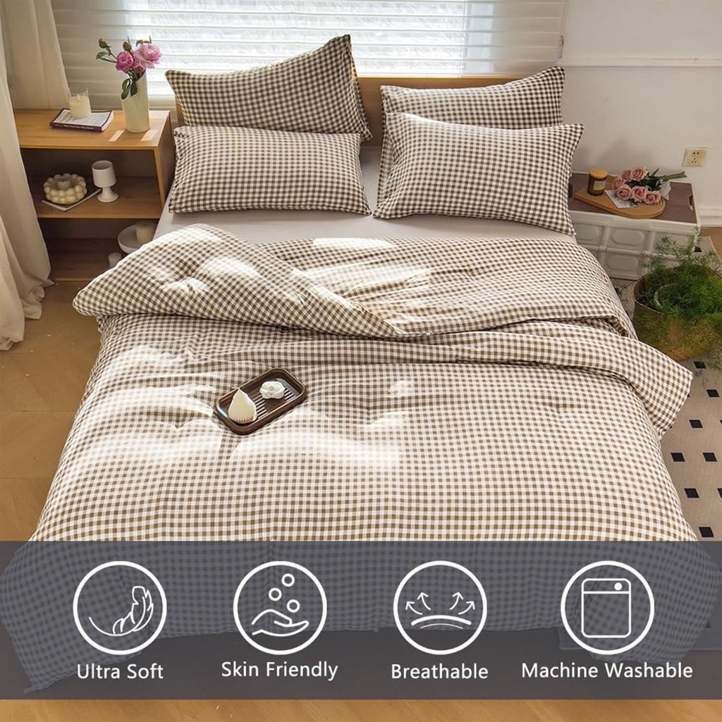 All-Season Tan Gingham Queen Comforter Set, Taupe Plaid Bedding Set, Checked Bed Comforter 3 Pieces(Tan Gingham, Queen) - All-Season Down Alternative Comforter Insert Detail
