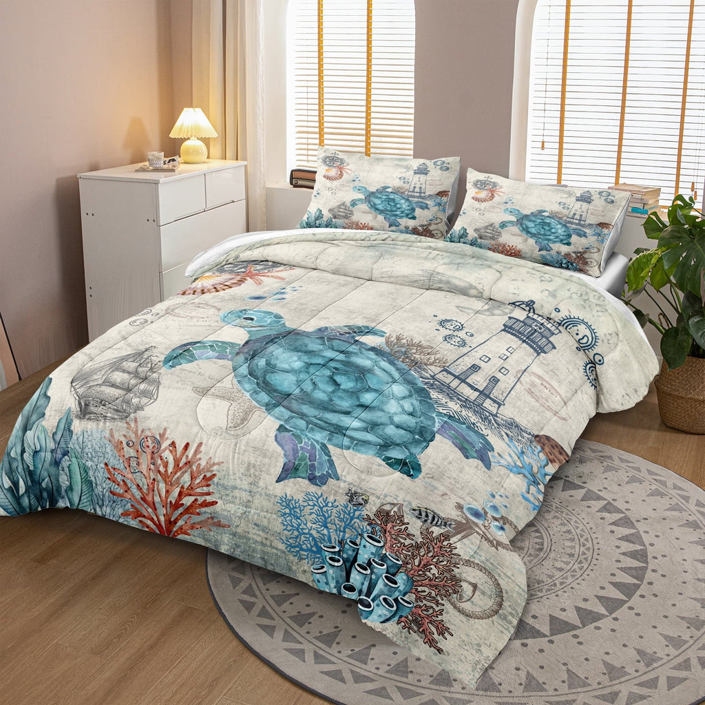 Luxurious Quilted Sea Turtle Comforter Set Queen Ocean Beach Bedding Set Soft and Lightweight Retro Style Design Coastal Bedding Set - Hypoallergenic Ultra-Fluffy Quilt for Winter Detail