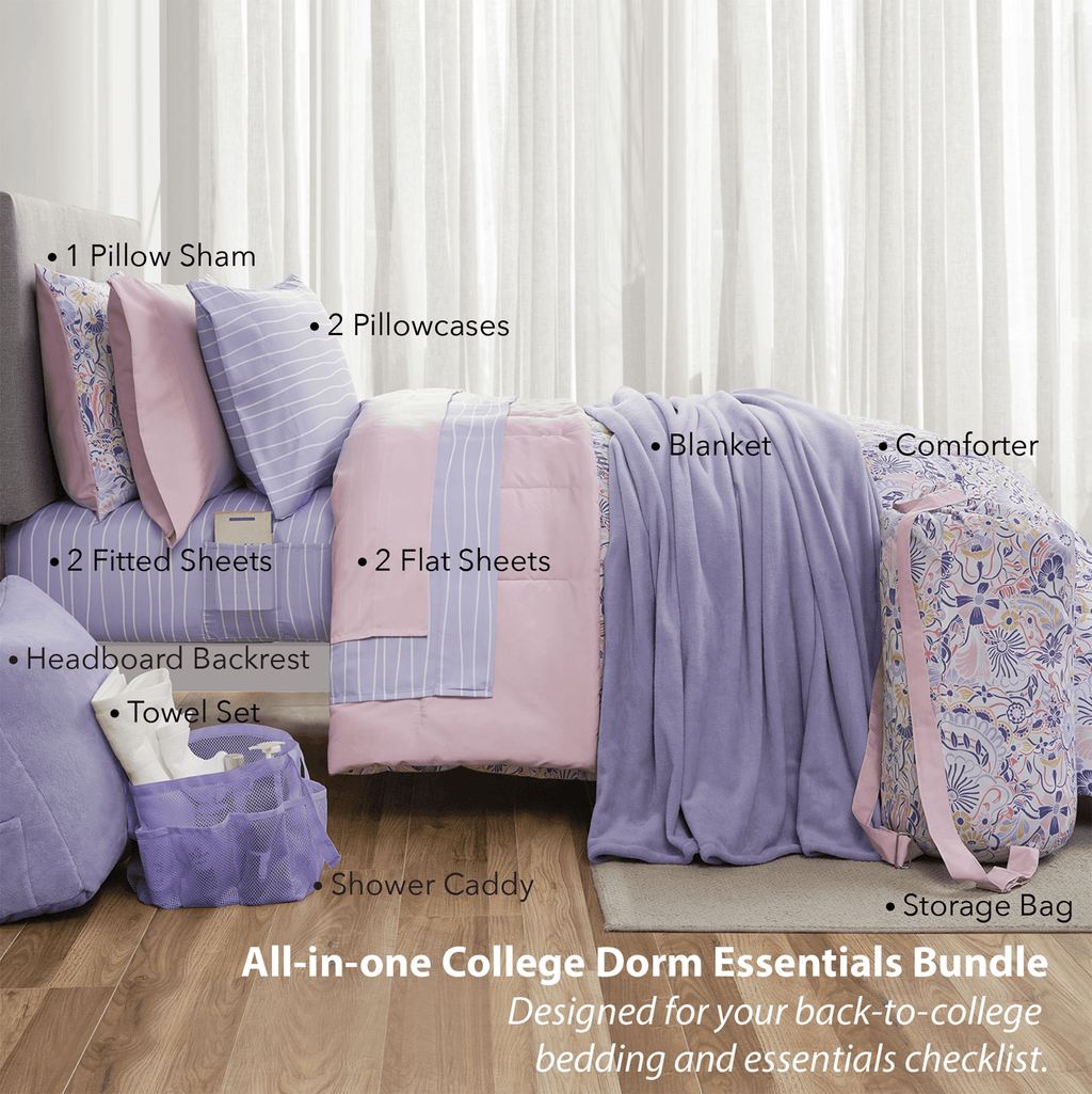 Heavyweight Warmth 14pc College Dorm Essentials Bundle, Twin-XL, Reversible Bed in a Bag Comforter Set, Purple Floral - Cloud-Like Soft Lightweight Bed Comforter Detail