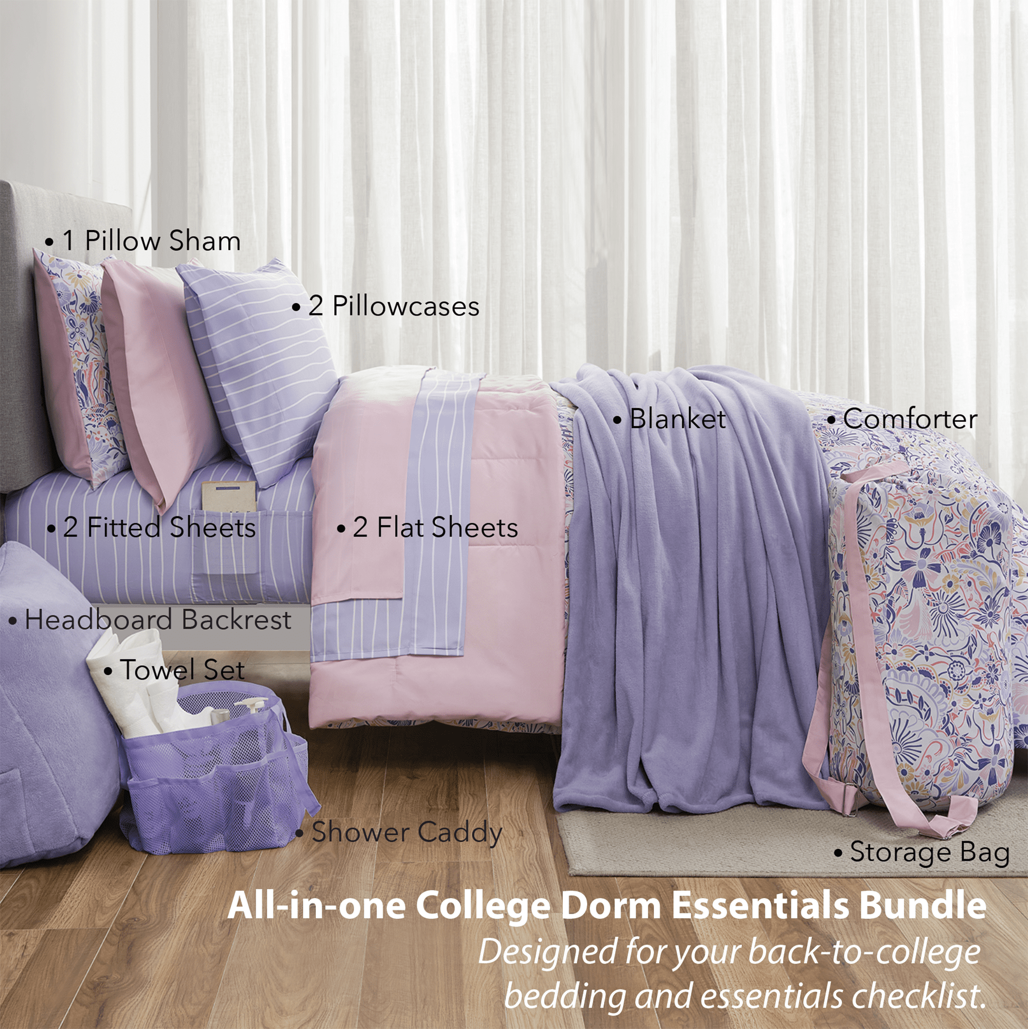 Heavyweight Warmth 14pc College Dorm Essentials Bundle, Twin-XL, Reversible Bed in a Bag Comforter Set, Purple Floral - Cloud-Like Soft Lightweight Bed Comforter Detail
