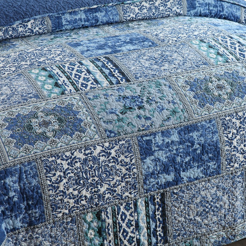 Fluffy Down Alternative Quilt Comforter Cotton Bedding Set With Shams, Vintage Blue, King - Hypoallergenic Ultra-Fluffy Quilt for Winter Detail
