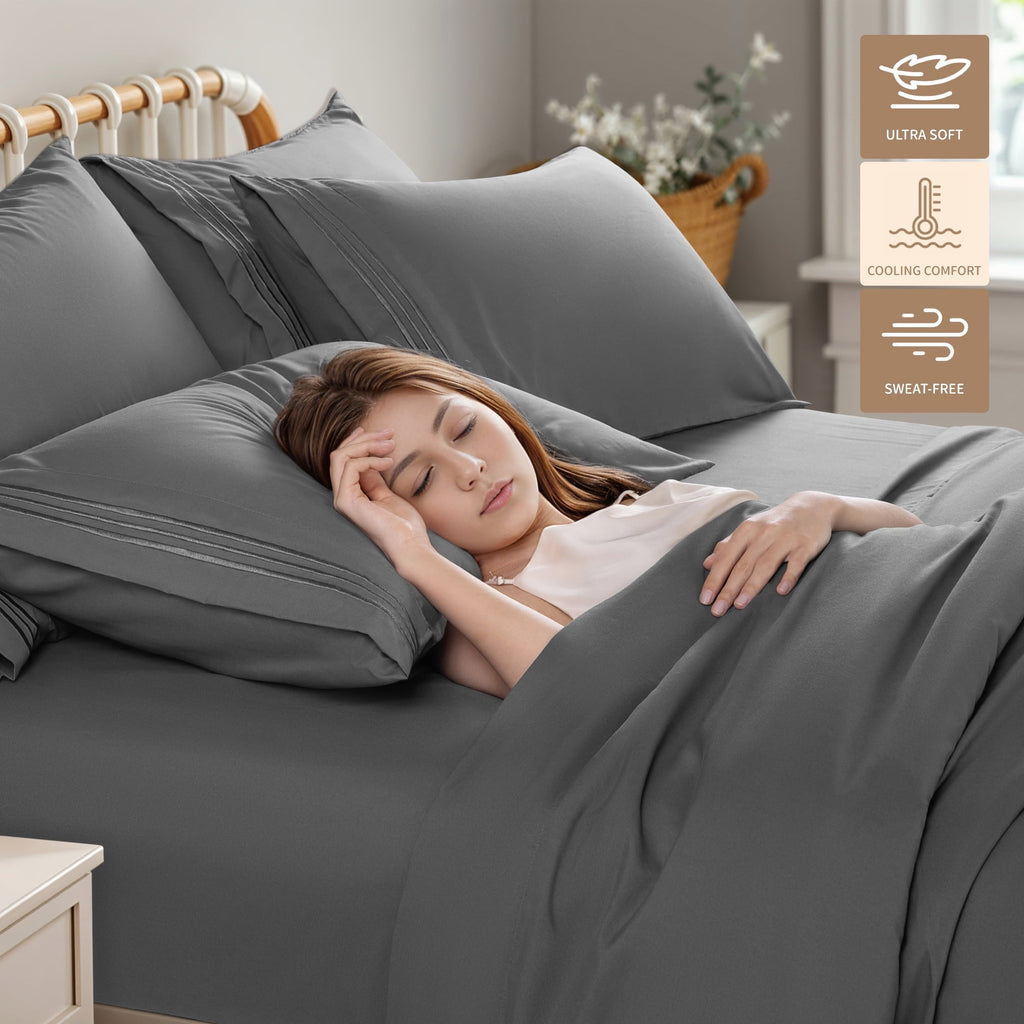 Cooling Sateen 6 Pieces Bed Sheet Set, 1800 Series Soft Microfiber Queen Sheets with 16" Deep Pocket, Dark Gray - Premium Ultra-Soft Pillowcase Pair for Sleeping Detail