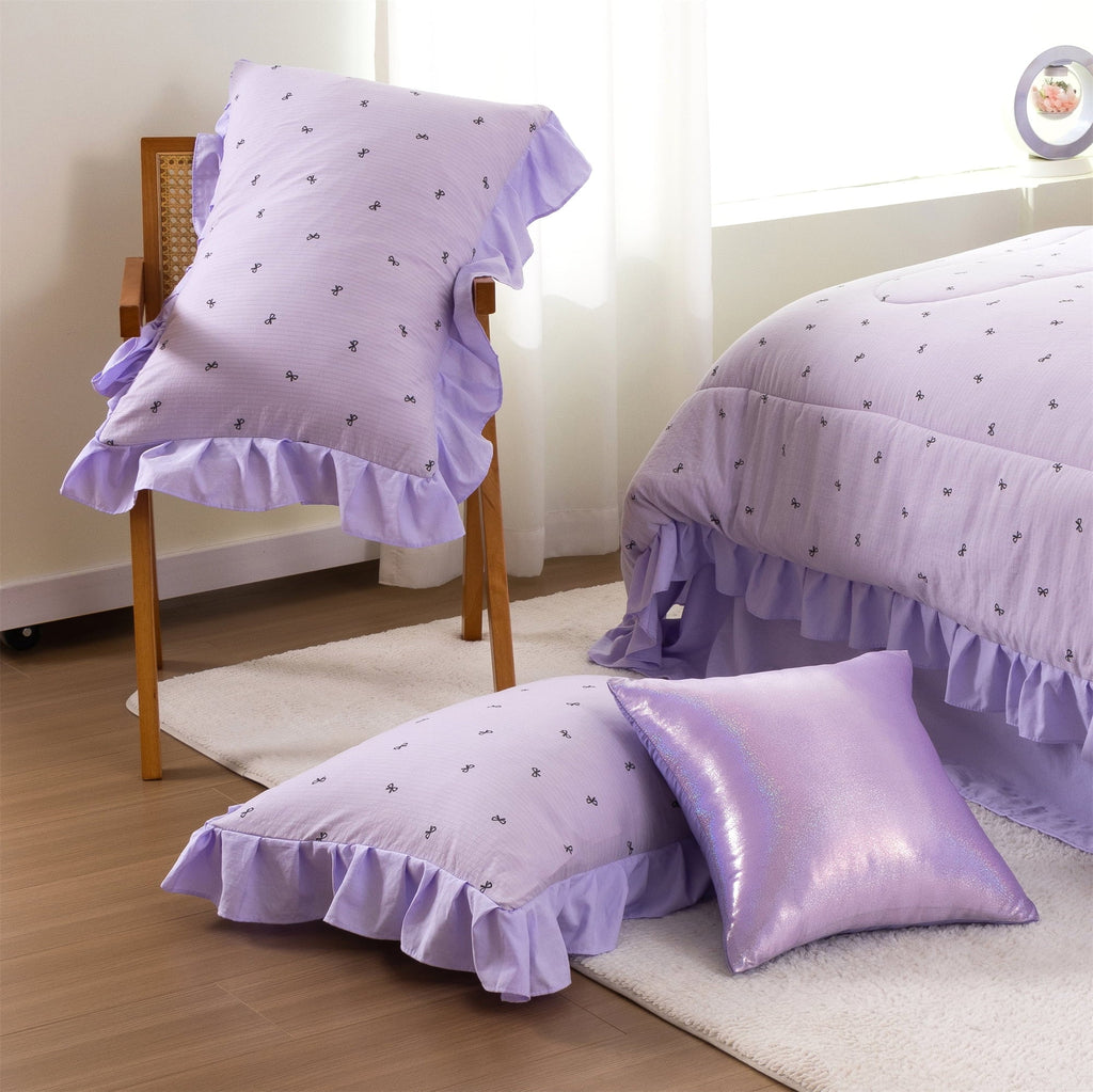 Hypoallergenic Cloud 6 Piece Delicate Bows Purple Bedding Set Ruffle Princess Style Comforter Set Bed in a Bag - Luxurious Quilted Duvet Cover Set Detail