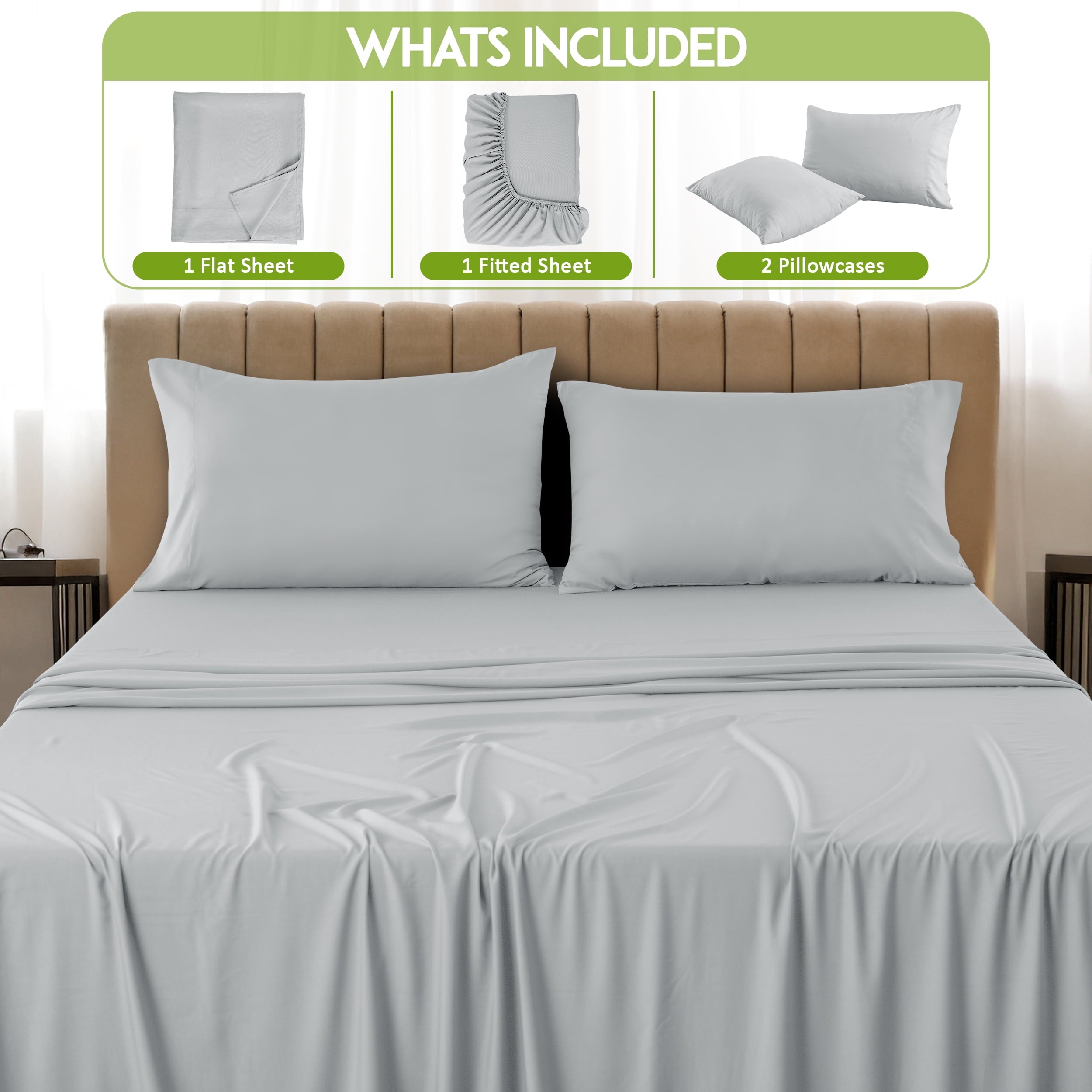 Breathable Luxury Rayon - 4 Piece Cooling Bed Sheets Set, Gray - Cooling Hotel Quality Bedding Sheets and Pillowcases Detail
