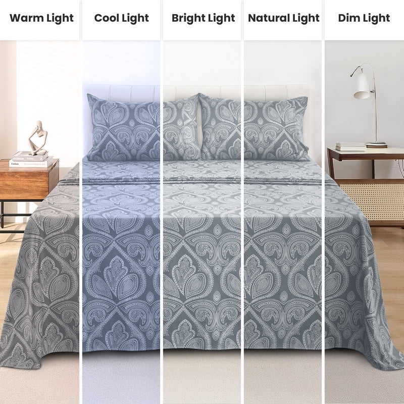 Premium Egyptian Cotton Lux Decor 4 Piece Queen Sheet Set, Brushed Microfiber Paisley Printed Bed Sheet Set with up to 16" Deep Pocket Fitted... - Luxury Bed Sheet Set with Deep Pockets Detail