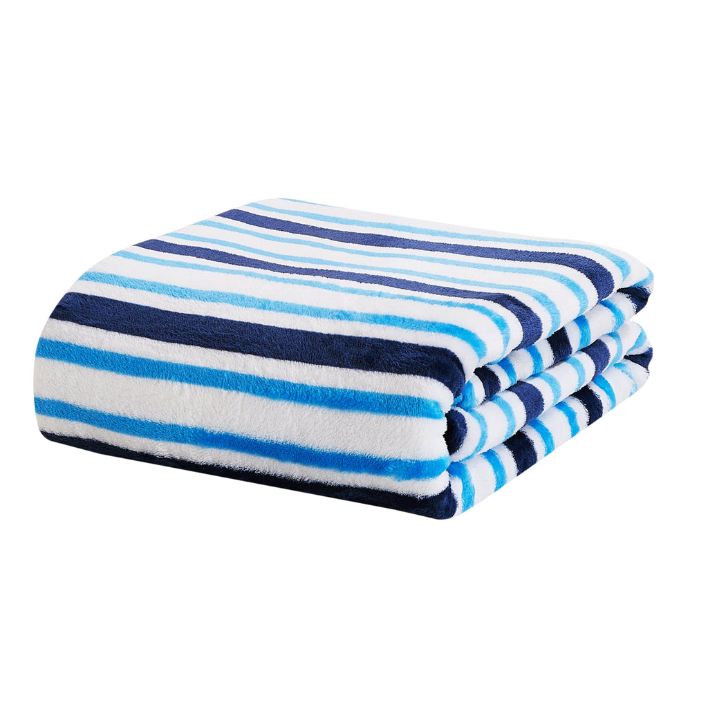 Reversible Sherpa Blue Stripes XL Oversized Throw Blanket, 72 x 50 inches, Great for a Kids Bedroom, Super Soft and Cozy - Luxury Knitted Decorative Throw Blanket with Fringes Detail