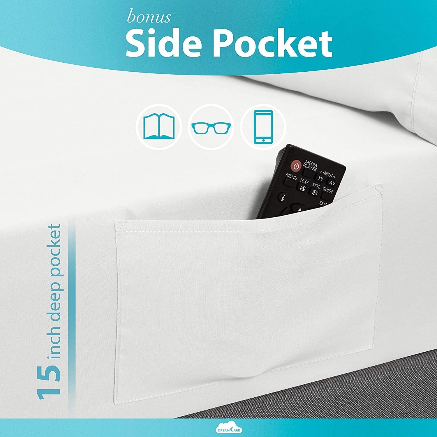 Cooling Sateen Bed Sheets Set - Queen Size Sheet with Side Pocket - 4pcs Set, 15 inches, White - Premium Ultra-Soft Pillowcase Pair for Sleeping Detail