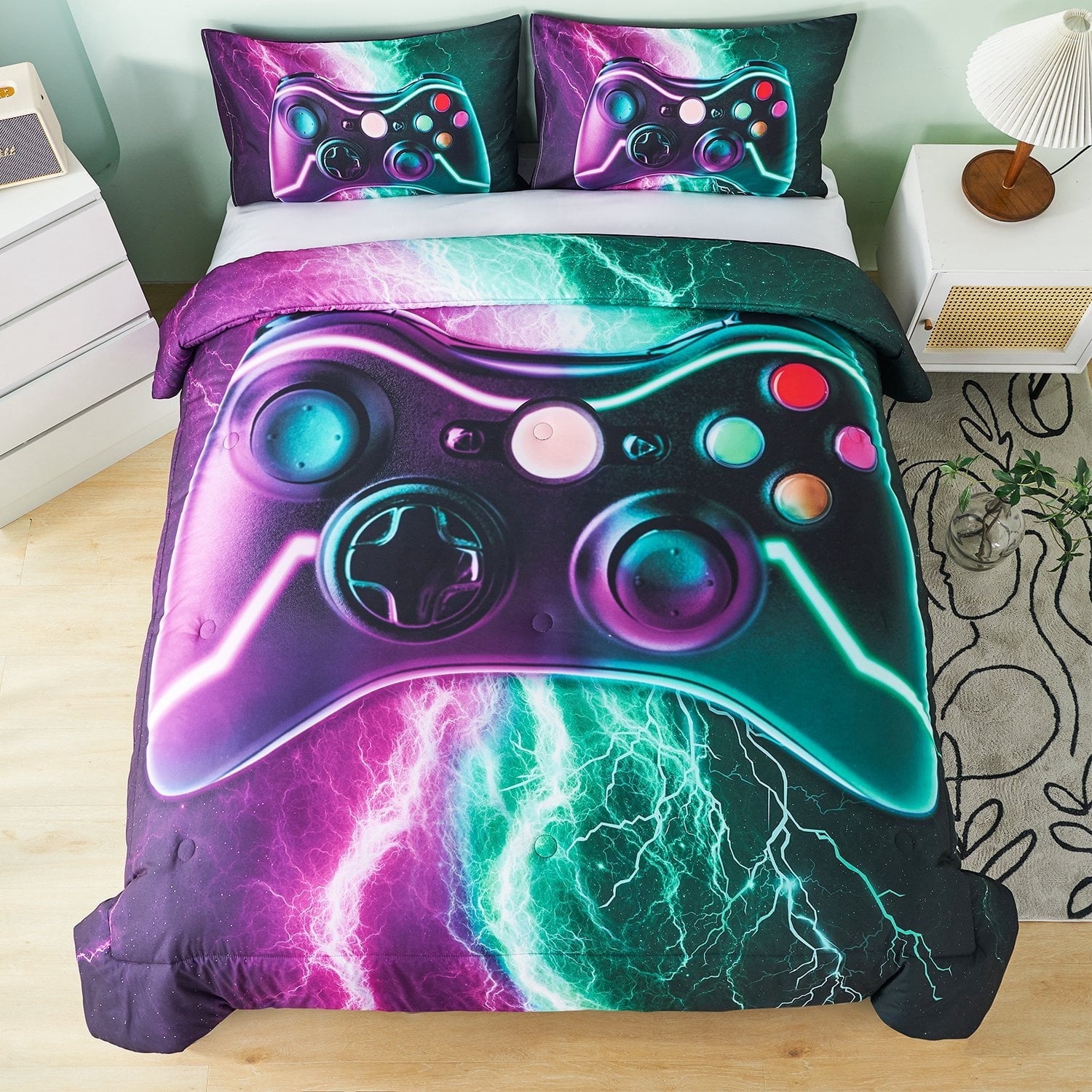 Heavyweight Warmth Queen Size Gaming Comforter Set for Boys,3-Piece 3D Green Purple Lightning Game Controller Bedding Set for Kids Teens - All-Season Down Alternative Comforter Insert Detail