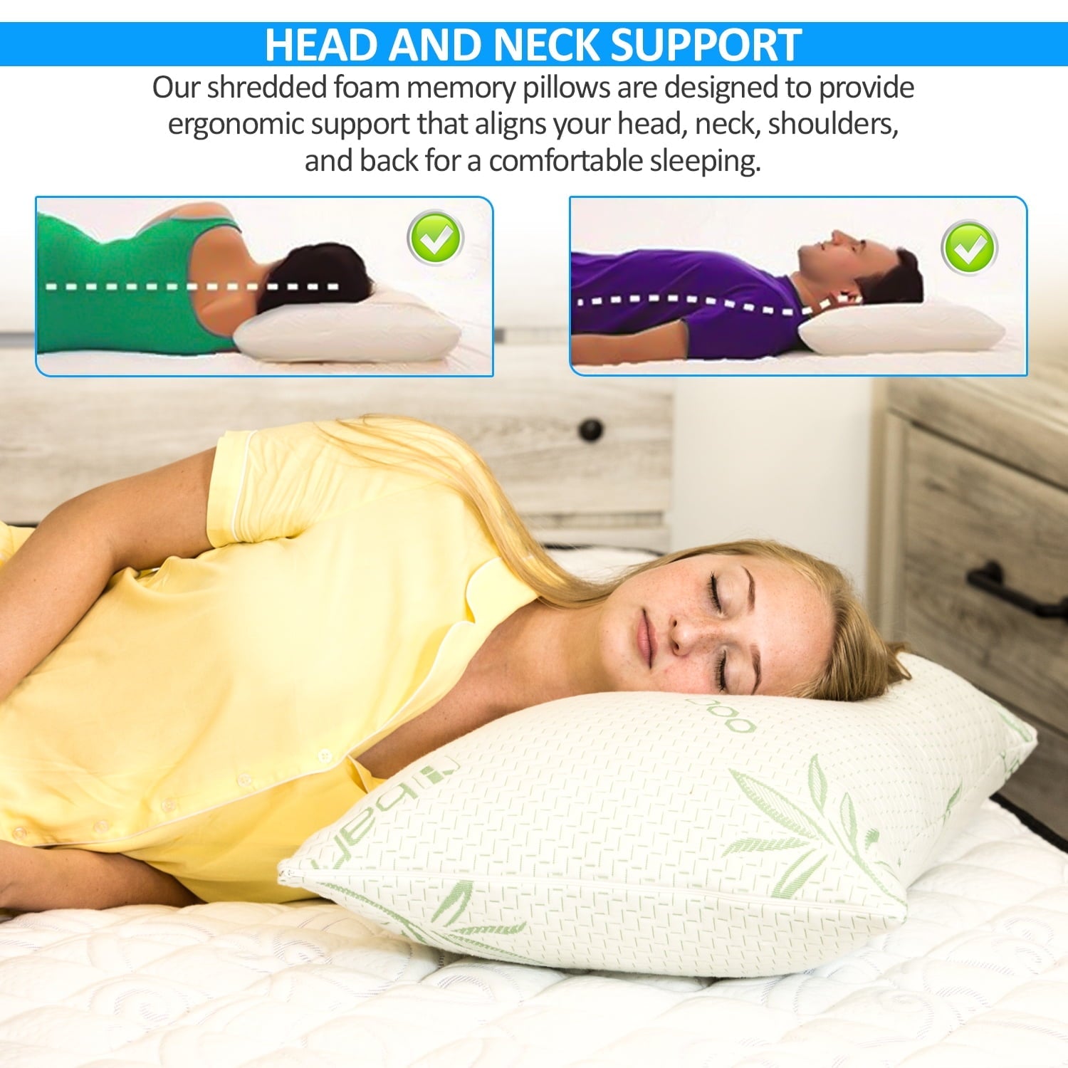 Hotel Collection Queen Size Bamboo Pillow, Memory Foam Bed Pillows with Washable Pillowcases, Queen - Orthopedic Shredded Foam Bed Pillow Set Detail