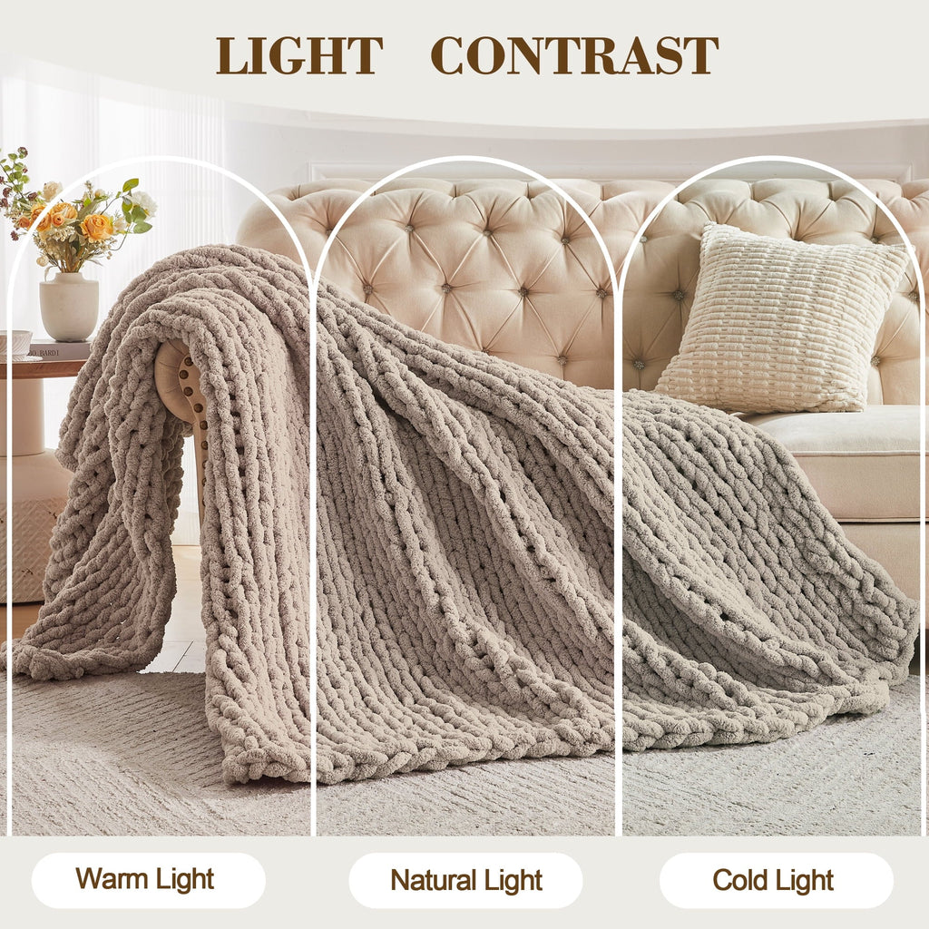 Cozy Fleece Chunky Knit Throw Blanket Handmade Soft Throws for Couch Sofa Bed, 50" x 60" Taupe - Cozy Fleece Throw Blanket for Couch & Bed Detail
