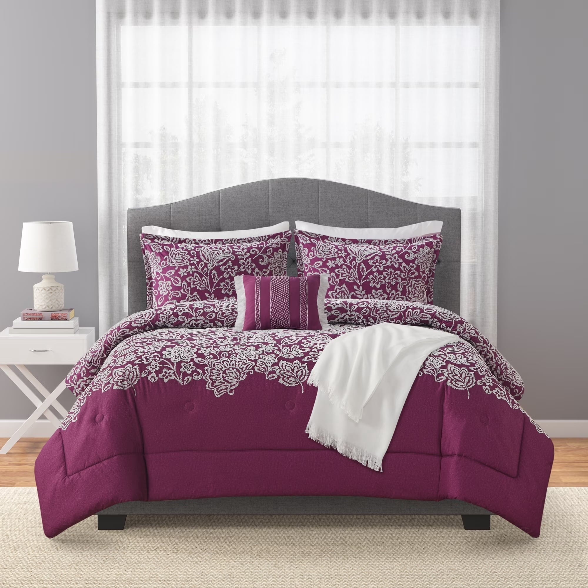 All-Season 5-Piece Jacquard Comforter Set with Decor Pillow and Throw Purple Flocking Embroidery Bedding Set, Full/Queen - Luxurious Quilted Duvet Cover Set Detail