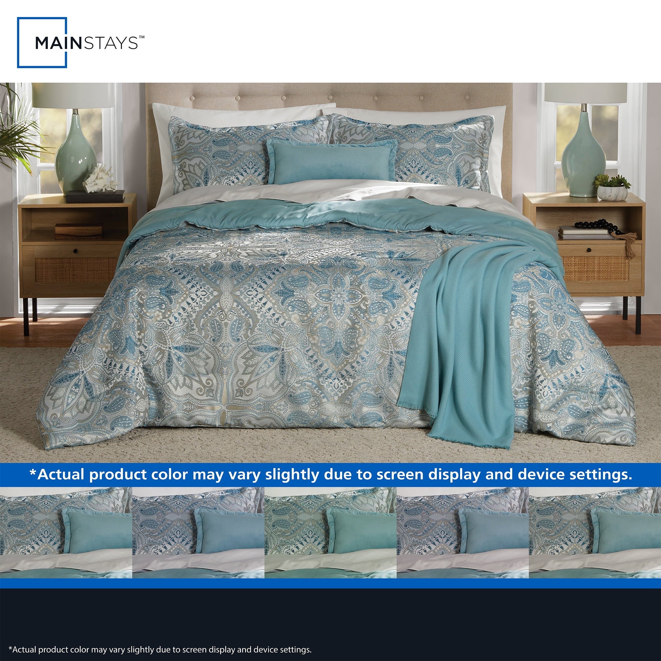 Fluffy Down Alternative Full/Queen Comforter Set, All-Season, 5-Piece, Teal Jacquard Medallion - All-Season Down Alternative Comforter Insert Detail