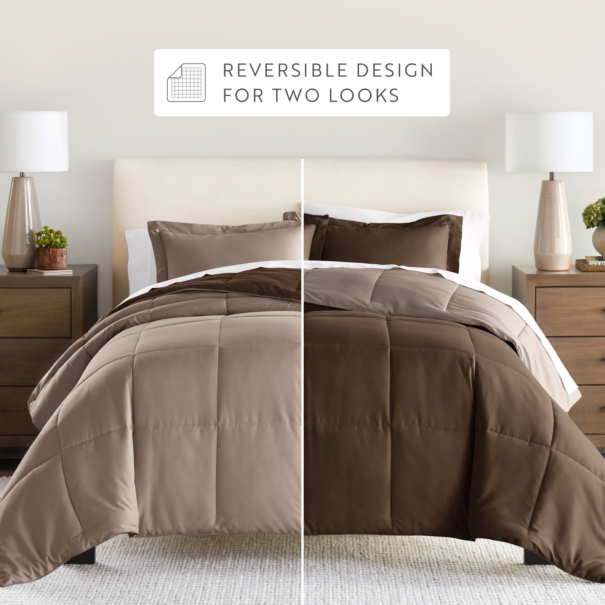 Heavyweight Warmth All Season Reversible Comforter Set Breathable Cool in Taupe & Chocolate Brown Full/Queen Size Bedding - Hypoallergenic Ultra-Fluffy Quilt for Winter Detail