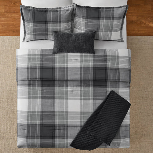 All-Season Full/Queen Comforter Set, All-Season, 5-Piece, Grey Plaid - Luxurious Quilted Duvet Cover Set Detail