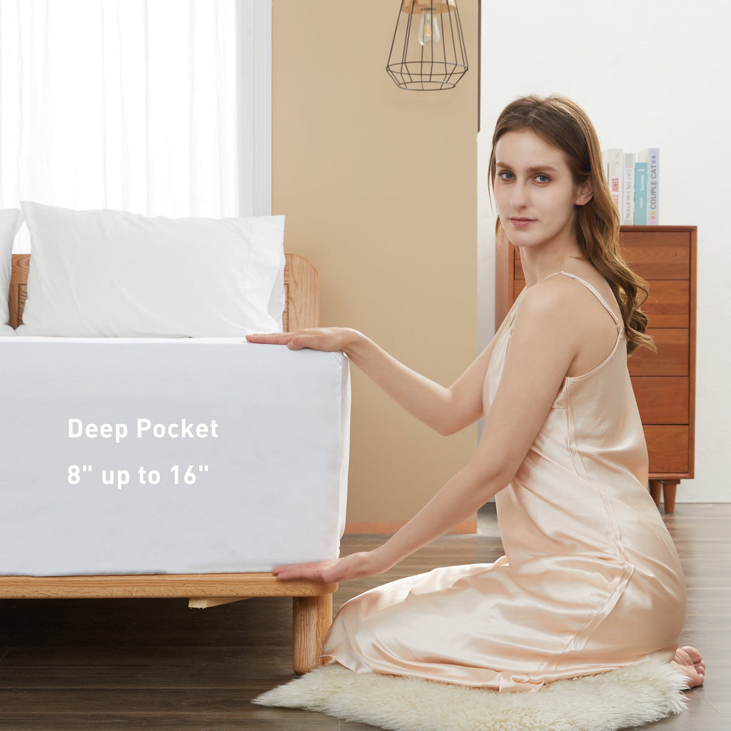 Premium Egyptian Cotton 100% Cotton Queen Size Fitted Sheet Only, 300 Thread Count White Fitted Bed Sheet with 22” Extra Deep Pocket, Soft & ... - Luxury Bed Sheet Set with Deep Pockets Detail