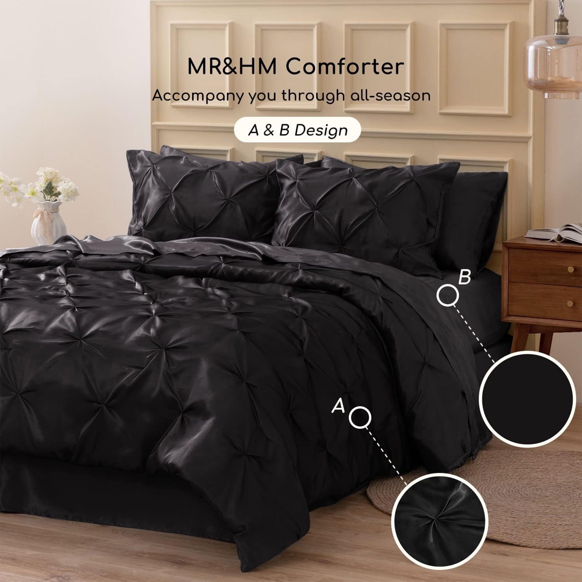 Luxurious Quilted Satin Comforter Set 7 Pieces Queen Size - Luxurious Pinch Pleat Bed in a Bag with Satin Comforter, Satin Sheets, Sati... - All-Season Down Alternative Comforter Insert Detail