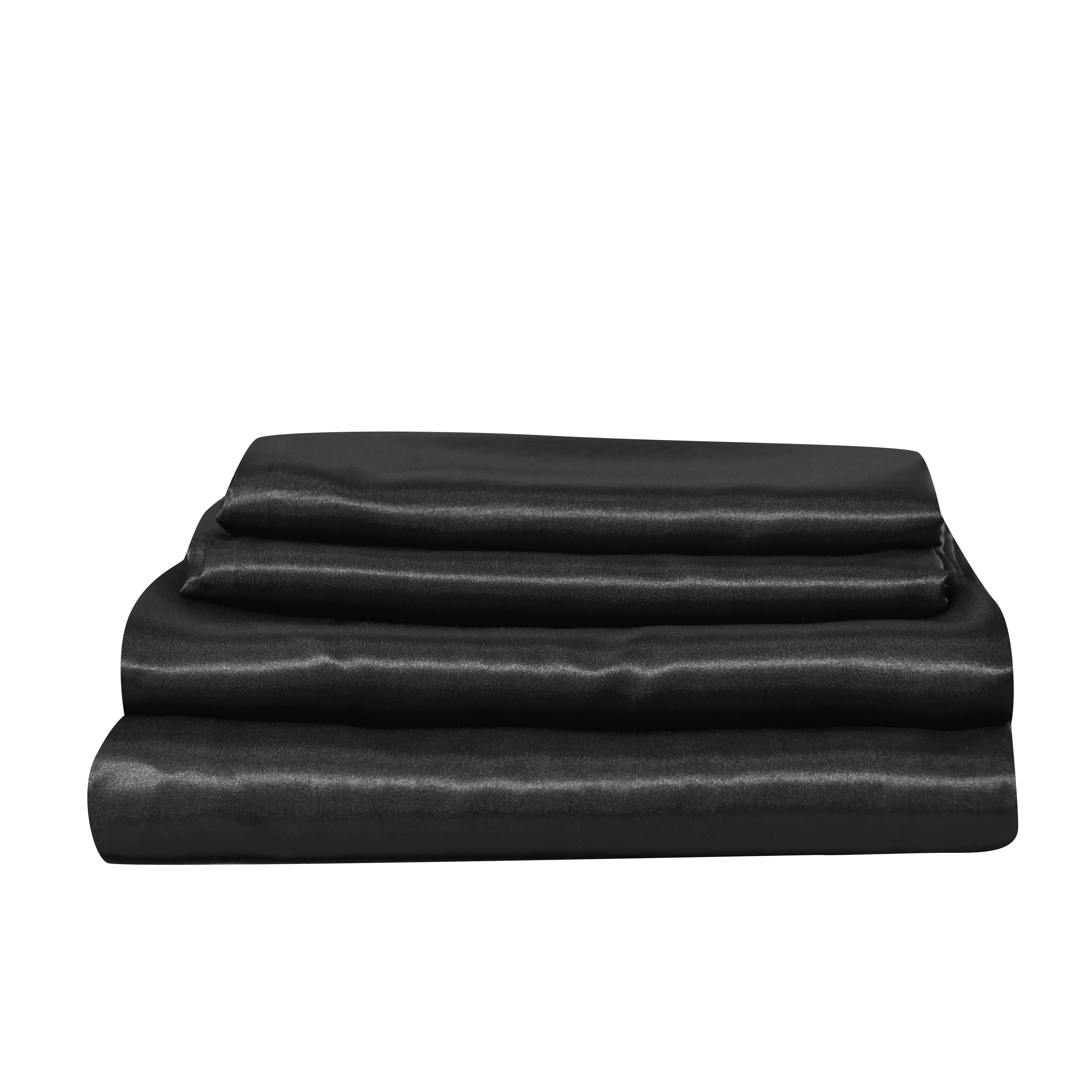 Cooling Sateen Satin Sheets Full Black Luxury Silky Bed Sheets 1800 Microfiber Sheet Set 4 Pcs - Premium Ultra-Soft Pillowcase Pair for Sleeping Detail