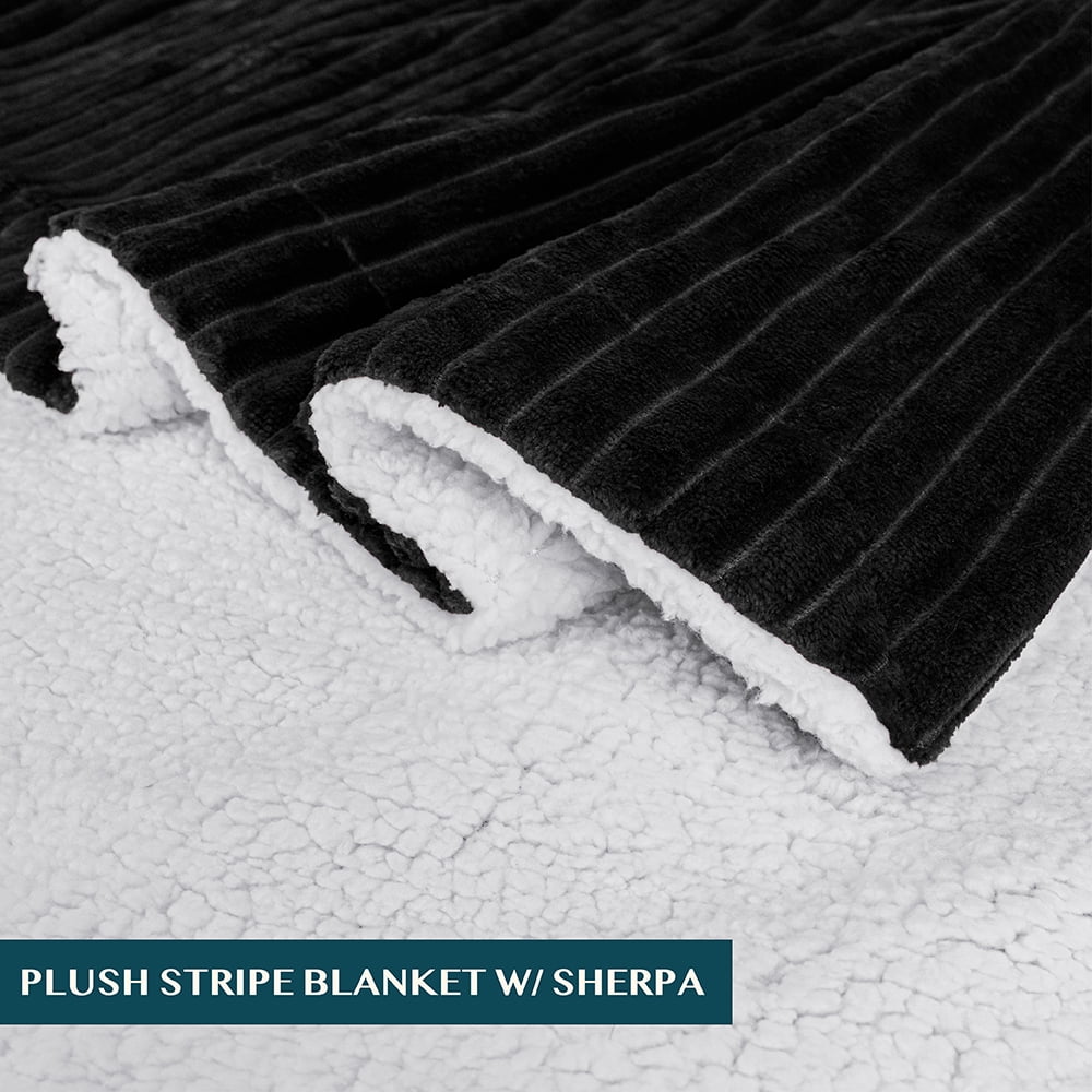 Decorative Knitted Reversible Sherpa Fleece Throw Blanket Black, Plush Flannel Throw, Ultra Soft Warm Ribbed Microfiber Blanket for Sofa... - Luxury Knitted Decorative Throw Blanket with Fringes Detail