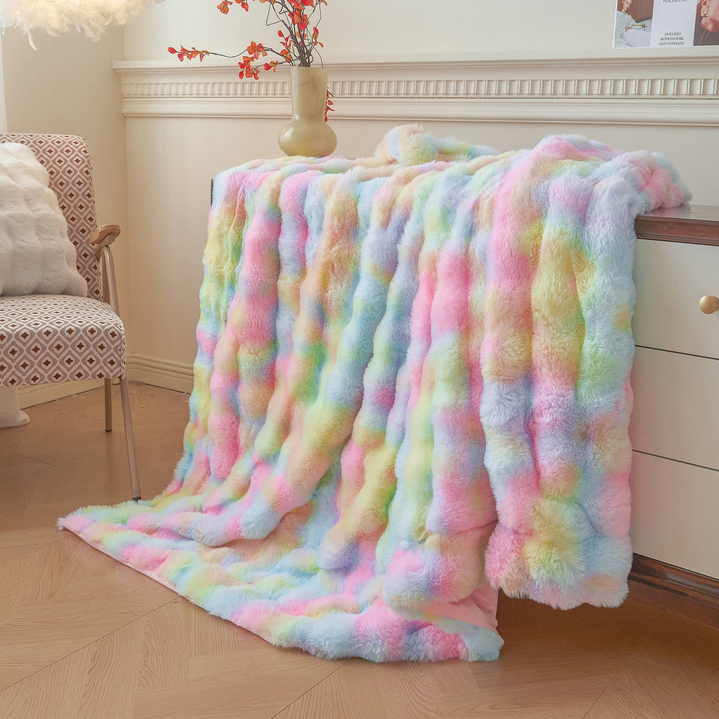 Cozy Fleece Fluffy Faux Rabbit Fur Bubble Throw, Rainbow Plush Shaggy Blanket for Couch Sofa Chair, Soft Tie Dye Furry Blanket Ad... - Cozy Fleece Throw Blanket for Couch & Bed Detail