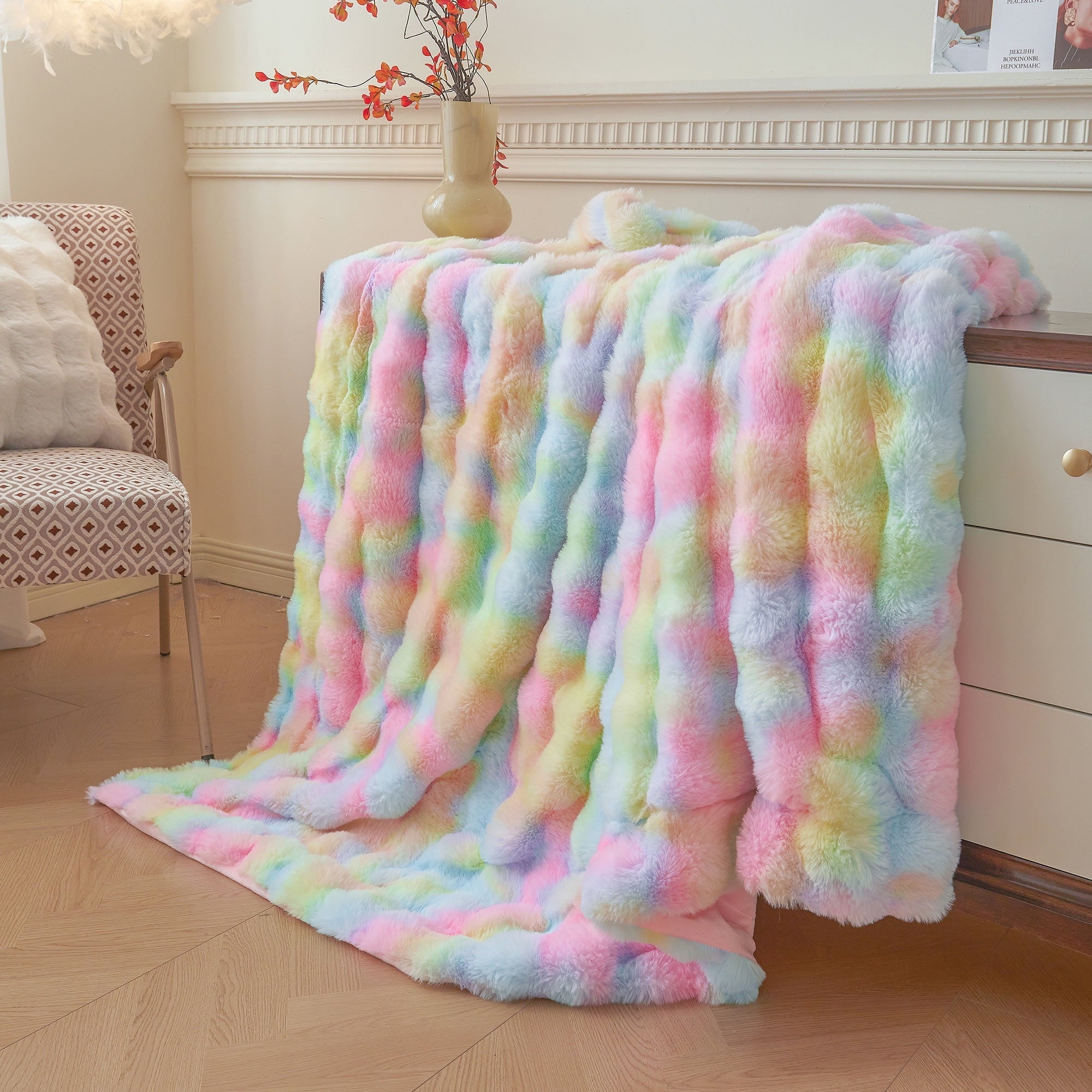 Cozy Fleece Fluffy Faux Rabbit Fur Bubble Throw, Rainbow Plush Shaggy Blanket for Couch Sofa Chair, Soft Tie Dye Furry Blanket Ad... - Cozy Fleece Throw Blanket for Couch & Bed Detail