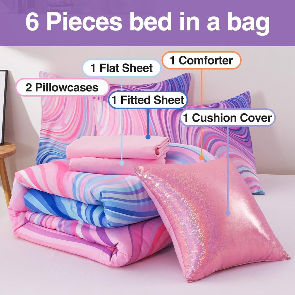 All-Season 6 Pieces Gradient Star Ring Comforter Set, Colorful Glitter Rainbow Wave Stripes Pattern Bedding Set for Boys Girls T... - Cloud-Like Soft Lightweight Bed Comforter Detail