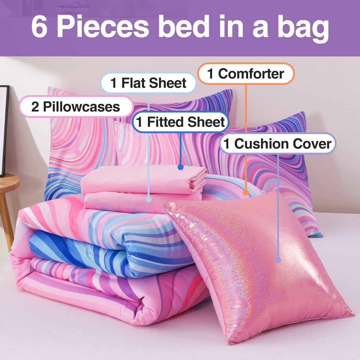 All-Season 6 Pieces Gradient Star Ring Comforter Set, Colorful Glitter Rainbow Wave Stripes Pattern Bedding Set for Boys Girls T... - Cloud-Like Soft Lightweight Bed Comforter Detail