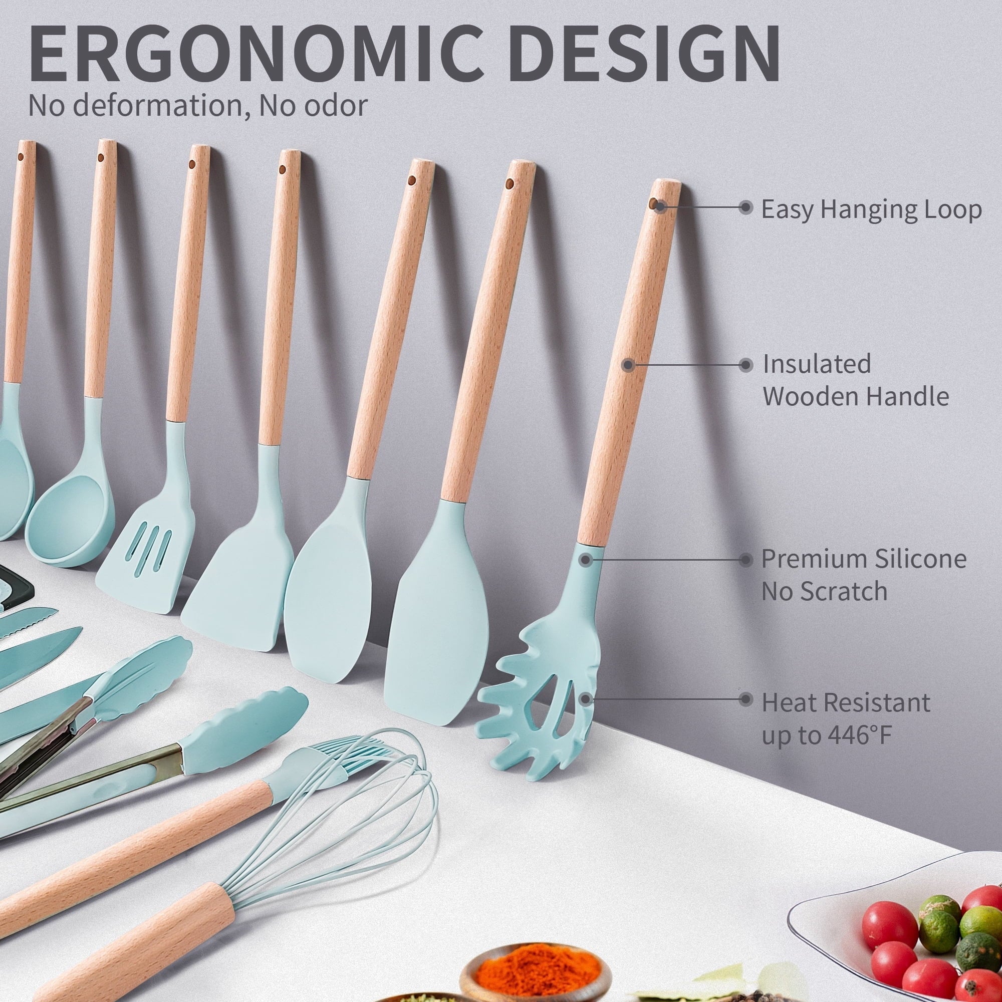 Professional Grade Silicone Kitchen Cooking Utensils Set, 19 Pieces Utensil with Holder, Heat Resistant, Green - Multi-Purpose Hand Tool for Daily Meal Prep Detail
