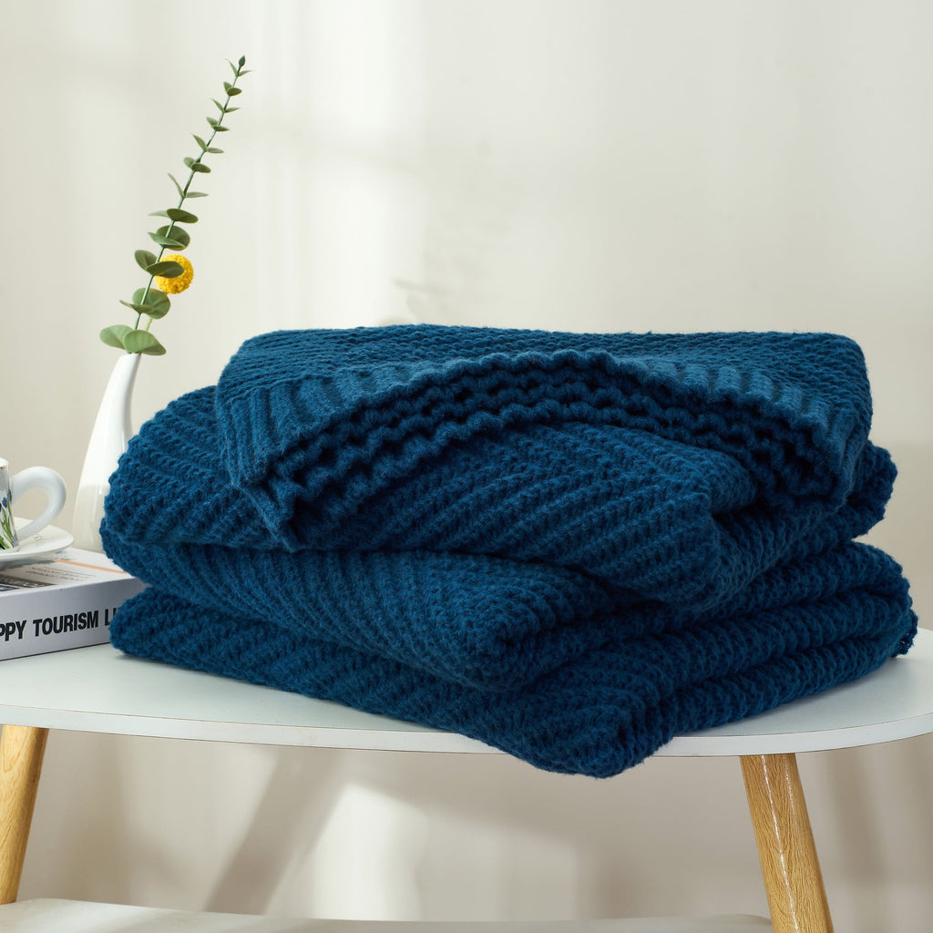 Cozy Fleece Soft Knitted Throw Blanket 50" x 60" Navy Blue, Boho Chevron Farmhouse Throw for Bed Couch - Super Soft Reversible Sherpa Flannel Blanket Detail