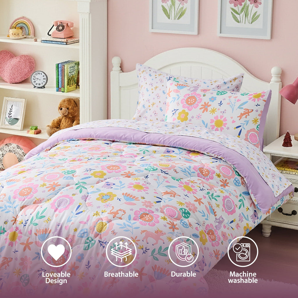 Luxurious Quilted Floral Comforter Set, Soft Microfiber Flower Bedding Set, 5 Pieces with Comforter, Sheets and Pillowcases, Twin - Cloud-Like Soft Lightweight Bed Comforter Detail