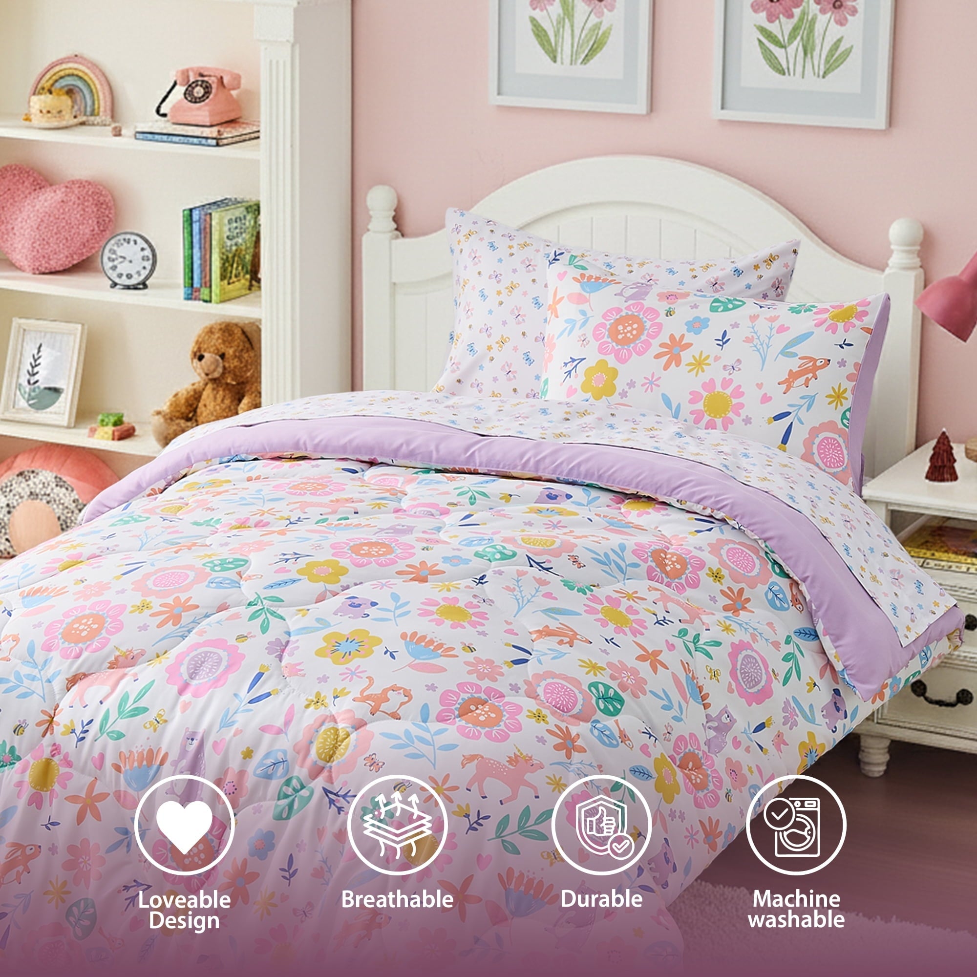 Luxurious Quilted Floral Comforter Set, Soft Microfiber Flower Bedding Set, 5 Pieces with Comforter, Sheets and Pillowcases, Twin - Cloud-Like Soft Lightweight Bed Comforter Detail
