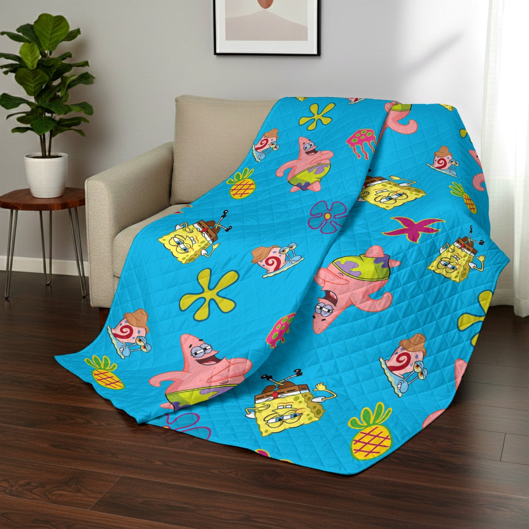 Lightweight Warm Spongebob Tropical Waltz Quilted Throw Blanket 60x80 inches, Kids Character Bedding - Lightweight Plush Warm Blanket for All Seasons Detail