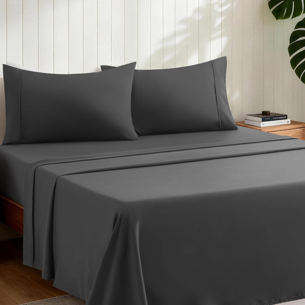 Ultra-Soft Sheets,Soft Hotel Luxury Polyester Washed Cotton,4 Piece Sheets Set,with 14" Deep Pocket,Dark Gray - Breathable Egyptian Cotton Flat & Fitted Sheets Detail