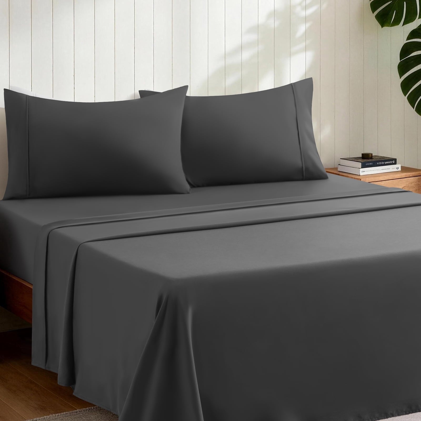 Ultra-Soft Sheets,Soft Hotel Luxury Polyester Washed Cotton,4 Piece Sheets Set,with 14" Deep Pocket,Dark Gray - Breathable Egyptian Cotton Flat & Fitted Sheets Detail