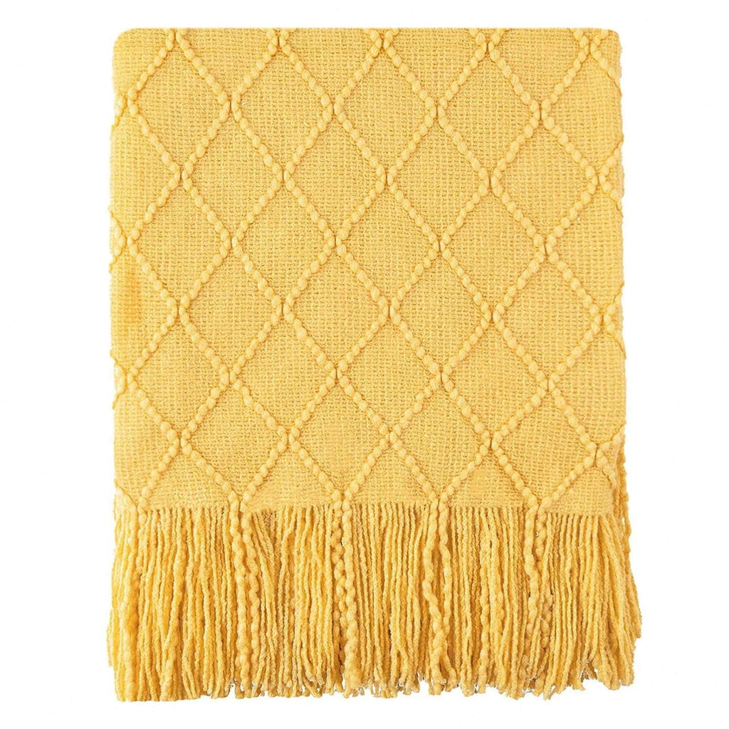Lightweight Warm Mustard Throw Blanket for Couch,Gold Yellow Knit Throw with Fringe,Outdoor Throw ,50"x60" - Super Soft Reversible Sherpa Flannel Blanket Detail