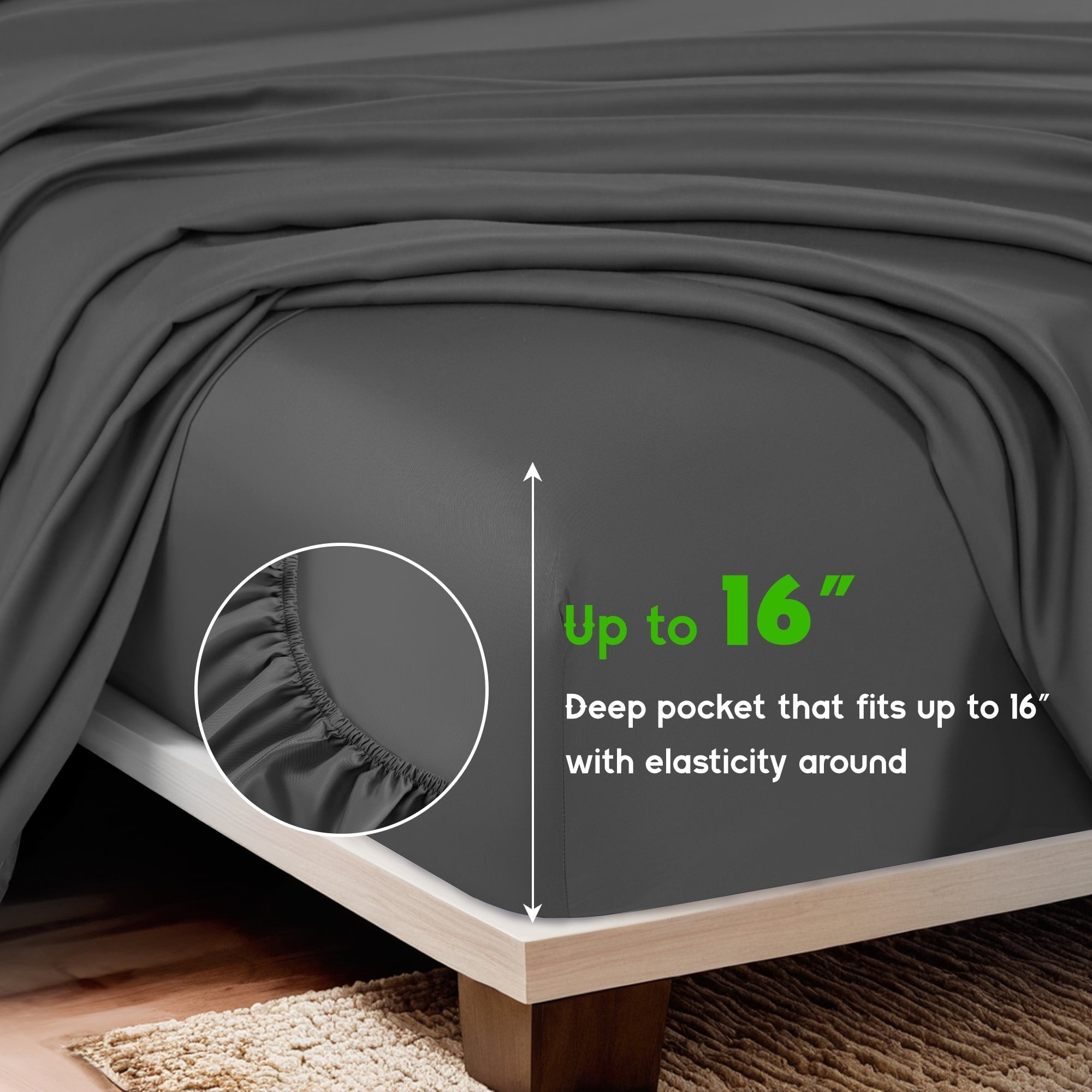 Ultra-Soft Luxury Bamboo Bed Sheet Set - Deep Pockets - 4 Piece, Queen, Dark Gray - Cooling Hotel Quality Bedding Sheets and Pillowcases Detail