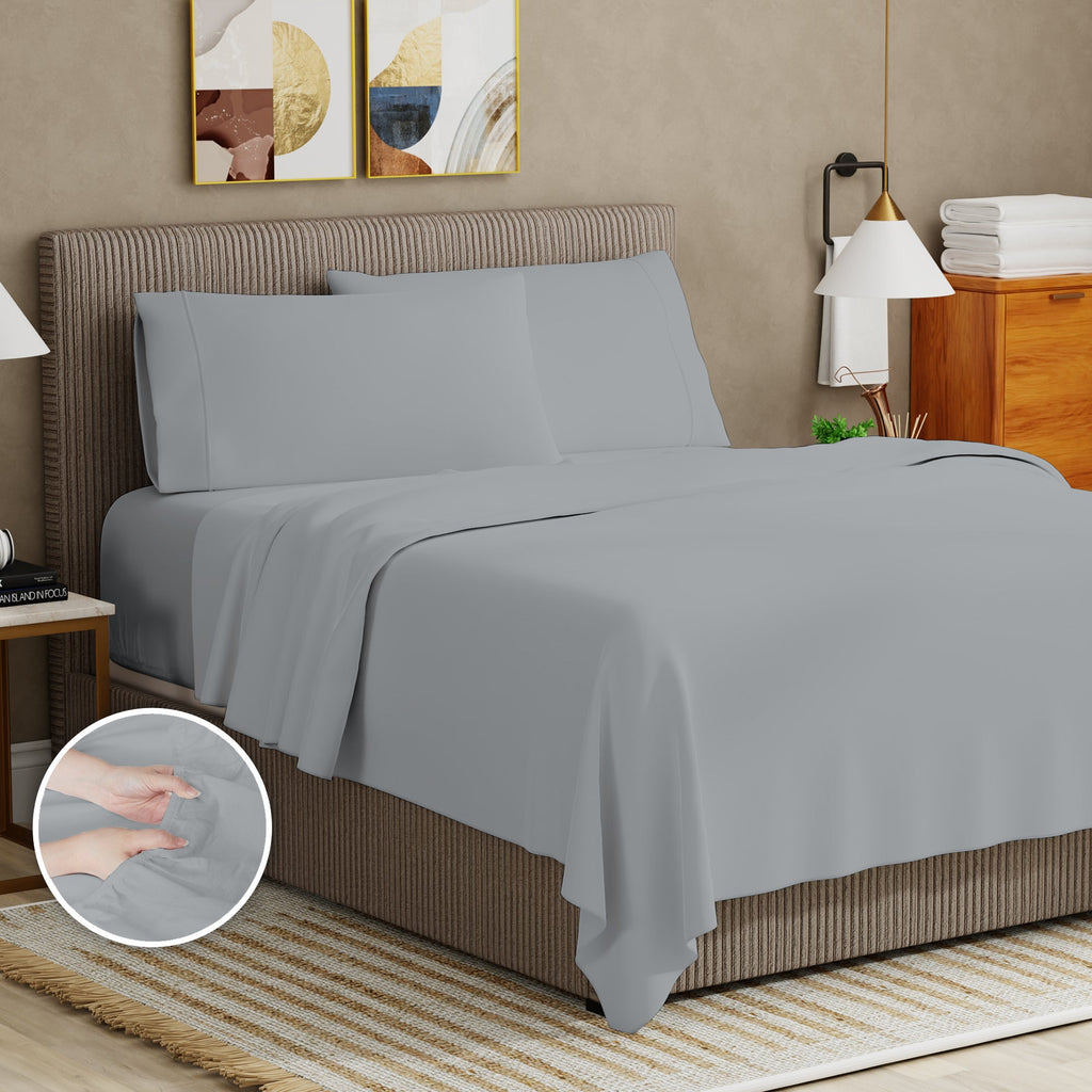 Breathable Luxury Soft Finish Microfiber Percale Queen Bed Sheet Set – 4-Piece Lightweight, Wrinkle-Resistant, Quick-Dry, Light Gray - Luxury Bed Sheet Set with Deep Pockets Detail